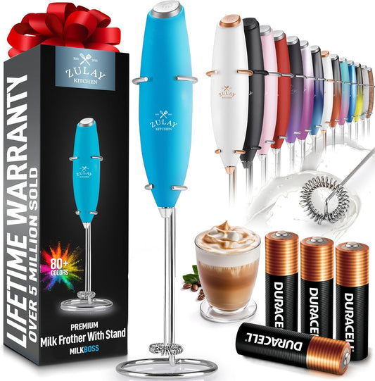 Zulay Powerful Milk Frother Handheld Foam Maker for Lattes - Whisk Drink Mixer for Coffee, Mini Foamer for Cappuccino, Frappe, Matcha, Hot Chocolate by Milk Boss (Teal)