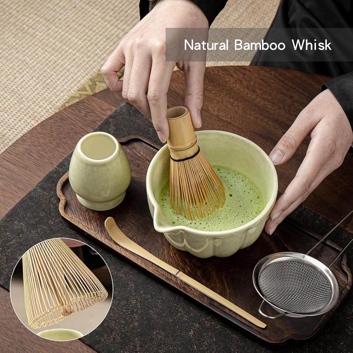 Matcha Whisk Set, Matcha Bowl with Spout, Matcha Whisk, Chasen Holder, Sifter, Bamboo Scoop - 5 Pcs Perfect Matcha Making Kit for Matcha Lover and Tea Ceremony (Speckled Green)
