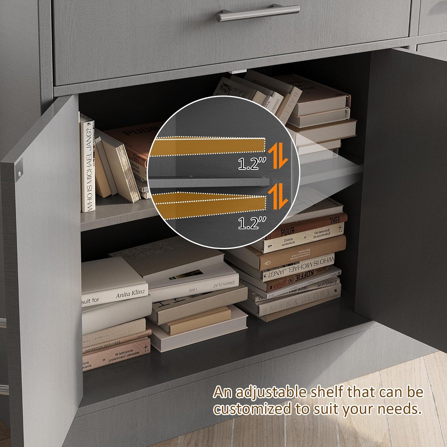 Vongrasig Sideboard Buffet Cabinet with Storage, 43” Farmhouse Coffee Bar Storage Cabinet with Drawers and Shelves, Modern Buffet Table for Kitchen, Dining Room, Grey