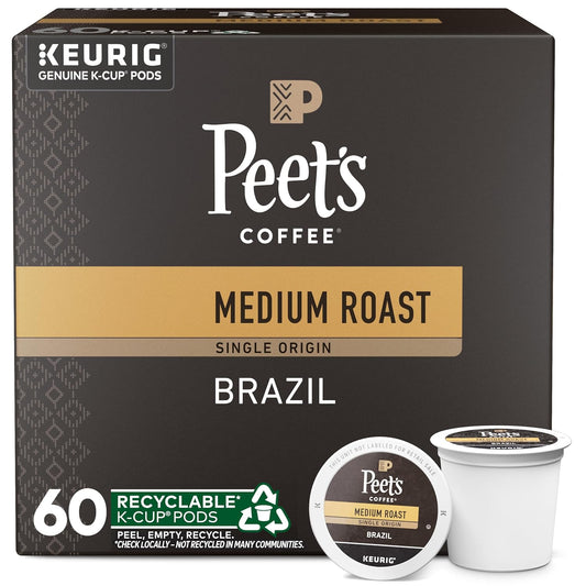 Peet's Coffee, Medium Roast Keurig K-Cup Pods - Single Origin Brazil 60 Count (6 Boxes of 10 K-Cup Pods)