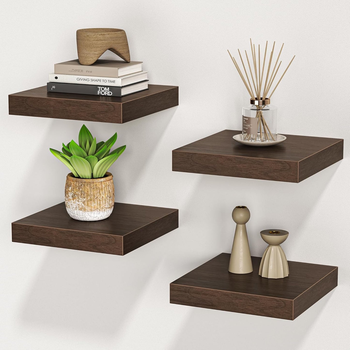 Square Floating Shelves for Wall, 8" W x 8" D x 1.2" H, Small Wooden Wall Mounted Display Shelves with Invisible Brackets for Living Room, Bedroom, Bathroom, Kitchen Decor, Set of 4, Walnut