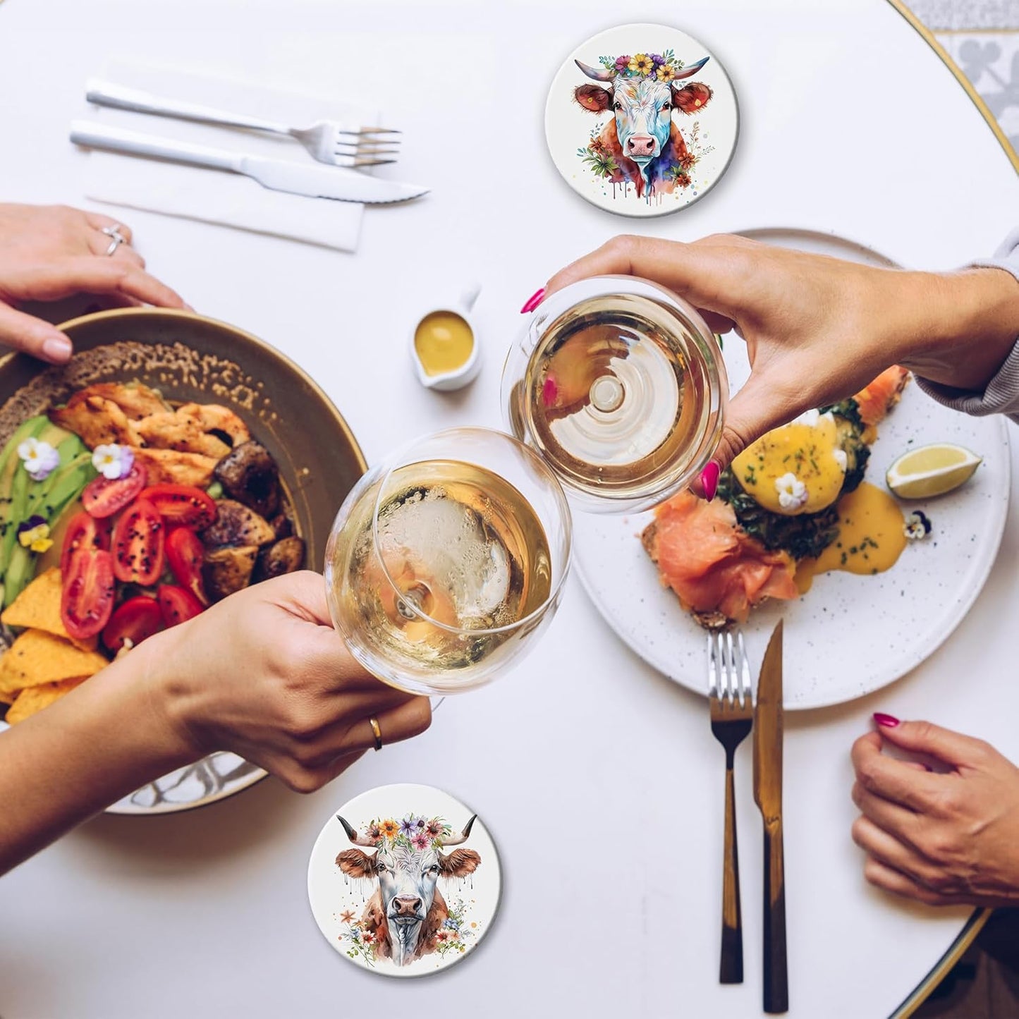 6 Pcs Coasters for Drinks with Holder, Highland Cows Flowers Absorbent Ceramic Coasters with Cork Base,Cute Funny Table Drinks Coasters Tabletop Protection Mat,Table Home Decor,4 Inches