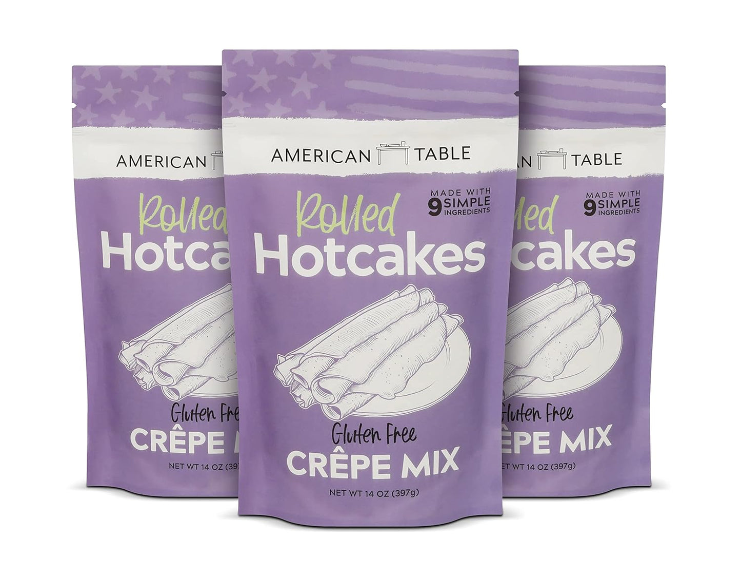 Gluten Free Rolled Hotcakes Crepe Mix by American Table, Made with American-Grown Ingredients & Pure Vanilla, French-Style, Non-GMO, Low Sugar, No Preservatives, Makes 72 Crepes (14 oz, Pack of 3)