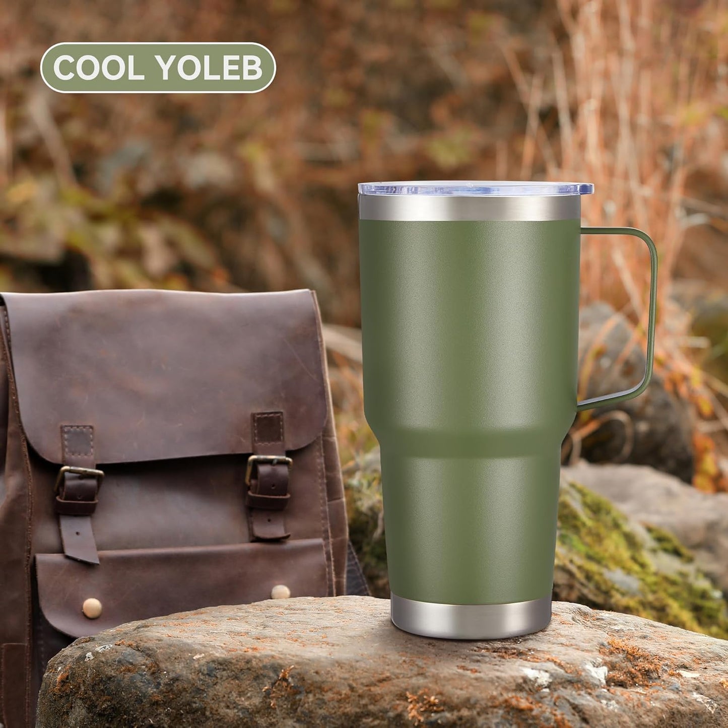 30 oz Tumbler with Handle and Lid, Stainless Steel Tumblers Double Wall Vacuum Insulated Travel Mug Leak Proof Cup Keep Drinks Cold and Hot Army Green, 1 Pack