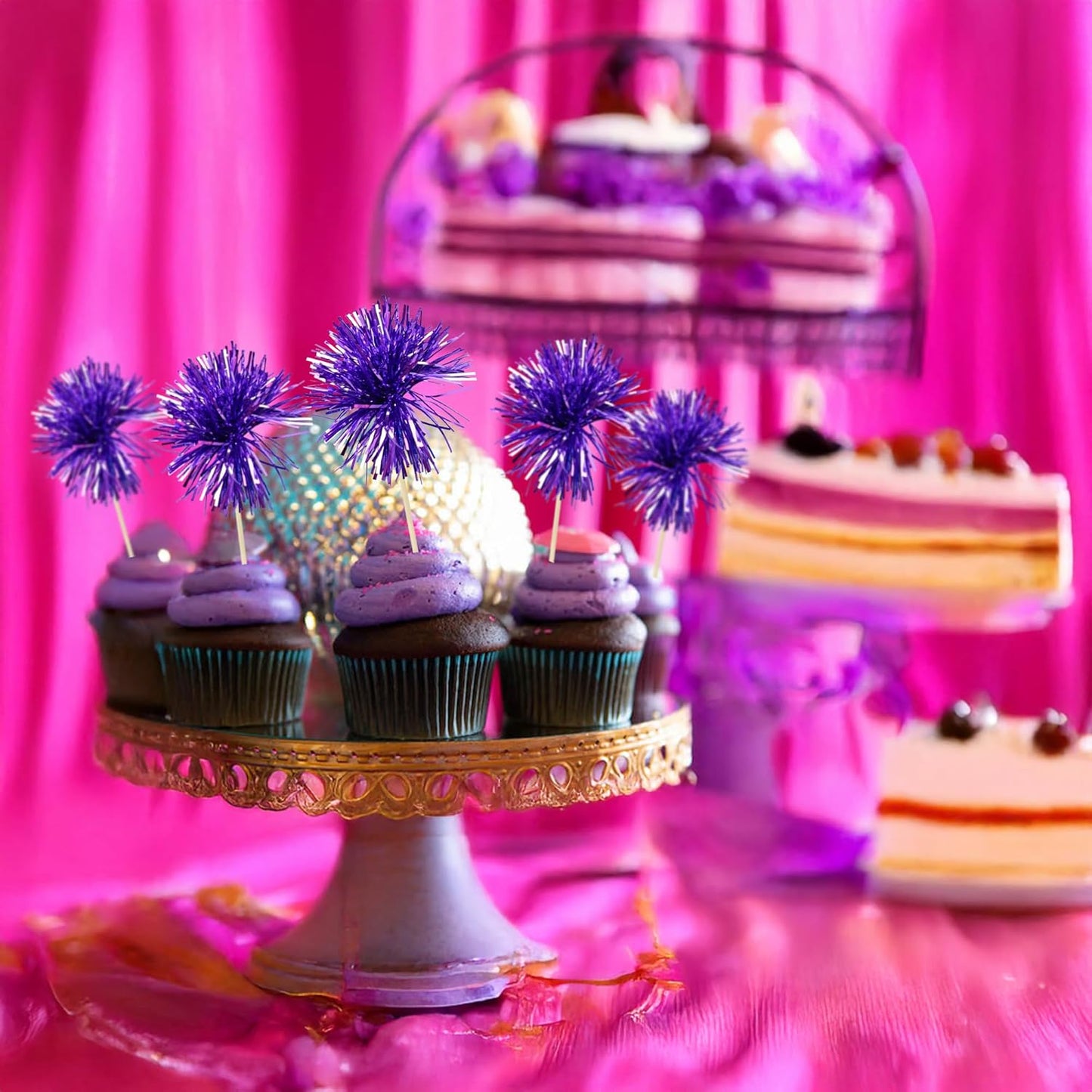 Ephlyn 30Pcs Foil Firework Cupcake Toppers Party Birthday Cake Toppers Supplies Sparkle Tinsel Cocktail Fruit Toothpick for Birthday Wedding Graduation Party Supplies Purple