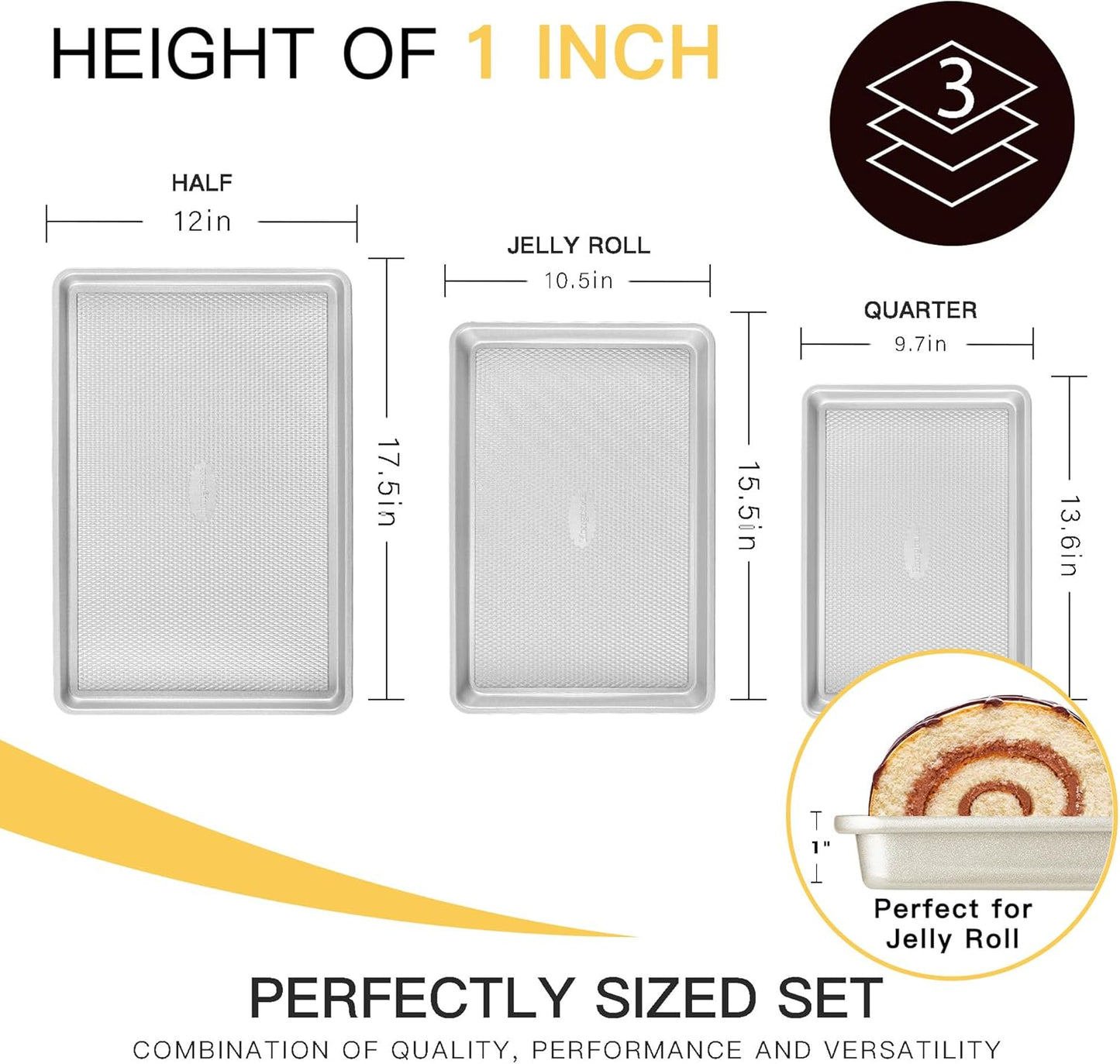 HONGBAKE Baking Sheet Pan Set, Cookie Sheets for Oven, Nonstick Half/Quarter/Jelly Roll Pans with Diamond Texture Pattern, Heavy Duty Cookie Tray, Silver