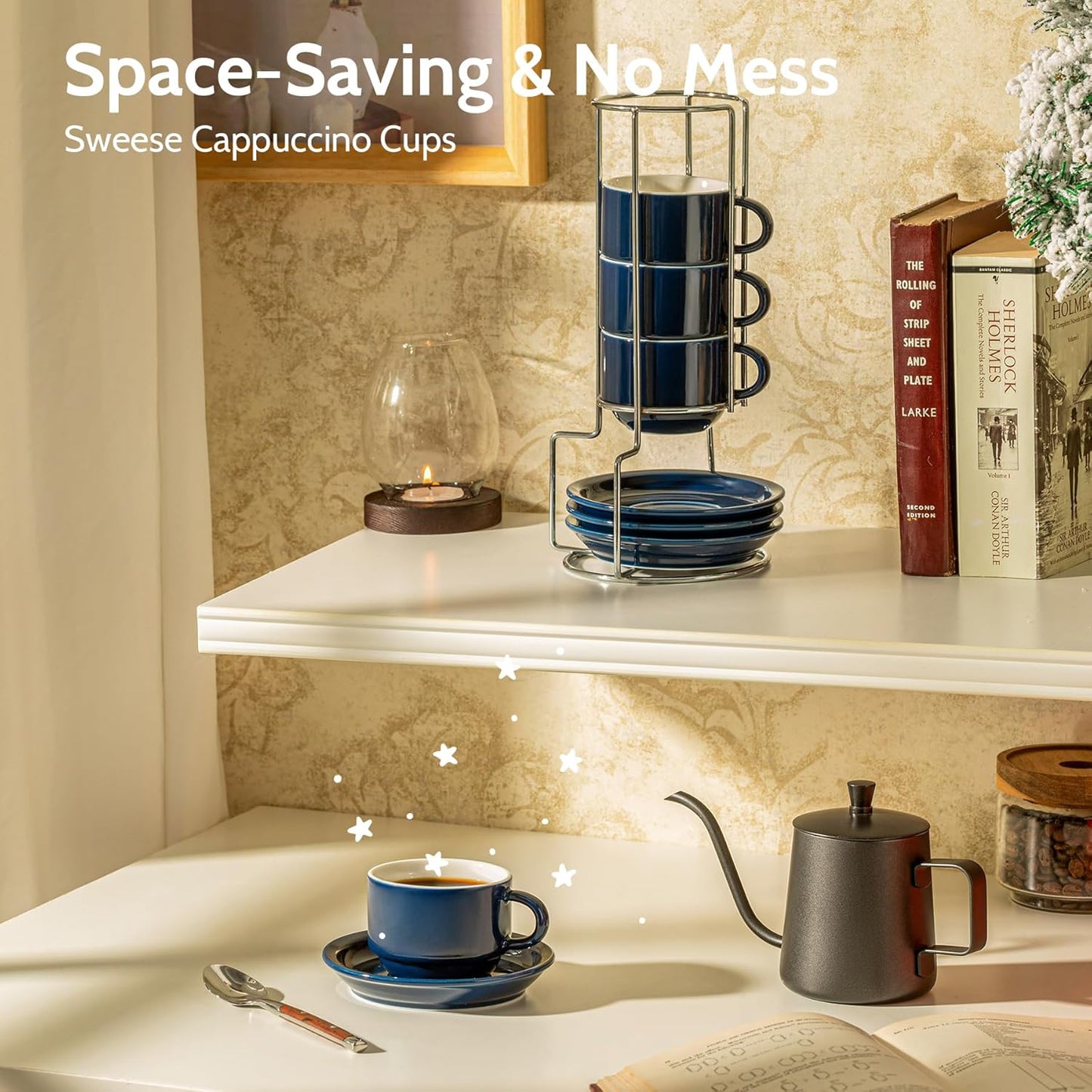 Sweese 8 Ounce Porcelain Stackable Cappuccino Cups with Saucers and Metal Stand - for Specialty Coffee Drinks, Cappuccino, Latte, Americano and Tea - Set of 4, Navy