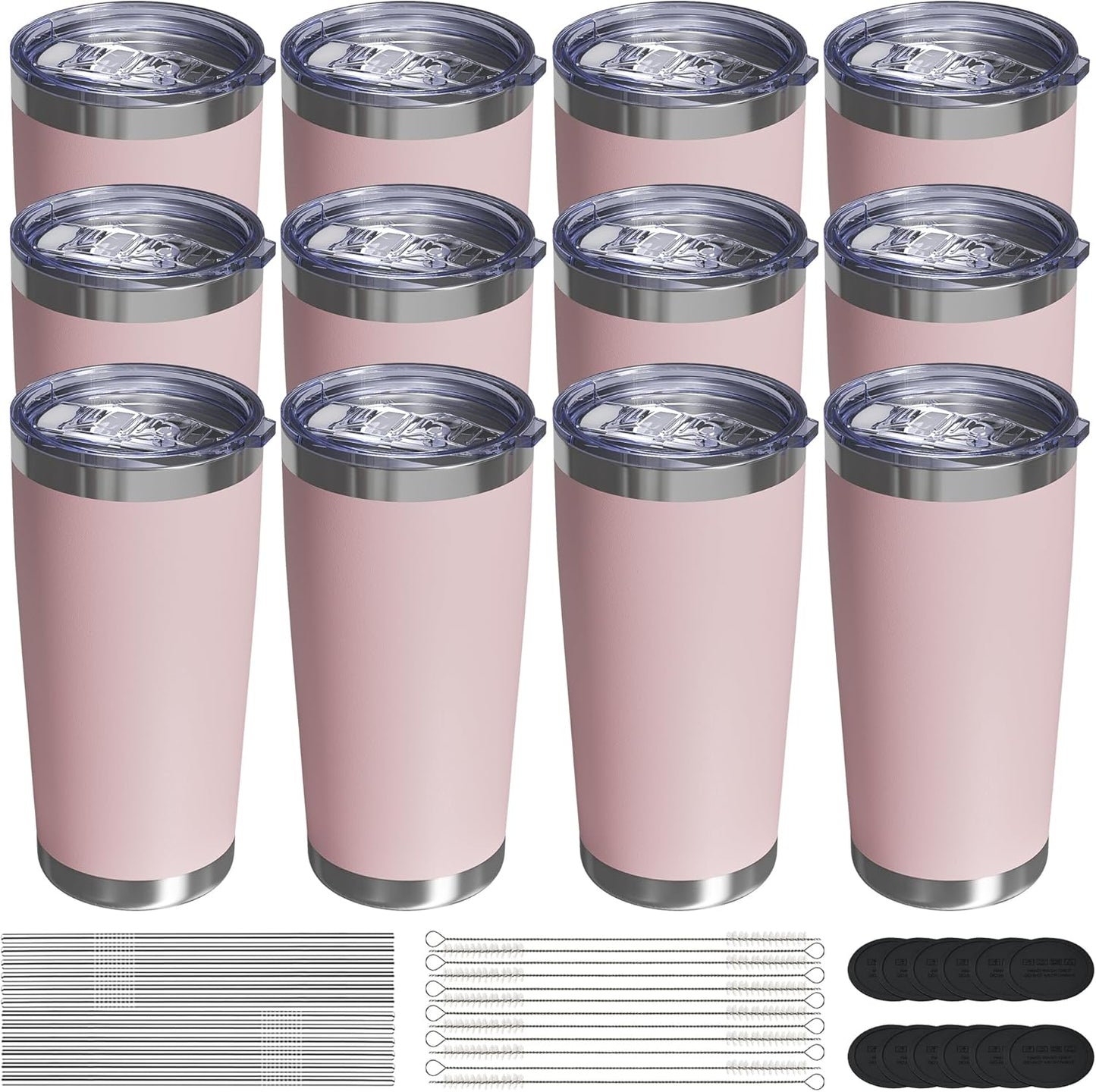 Travel Coffee Tumbler 20oz, 12 Pack Leakproof Travel Coffee Mug with Lid and Straw, Stainless Steel Double Wall Vacuum Insulated Tumbler for Hot/Iced Drinks (Textured Matte, Soft Pink)