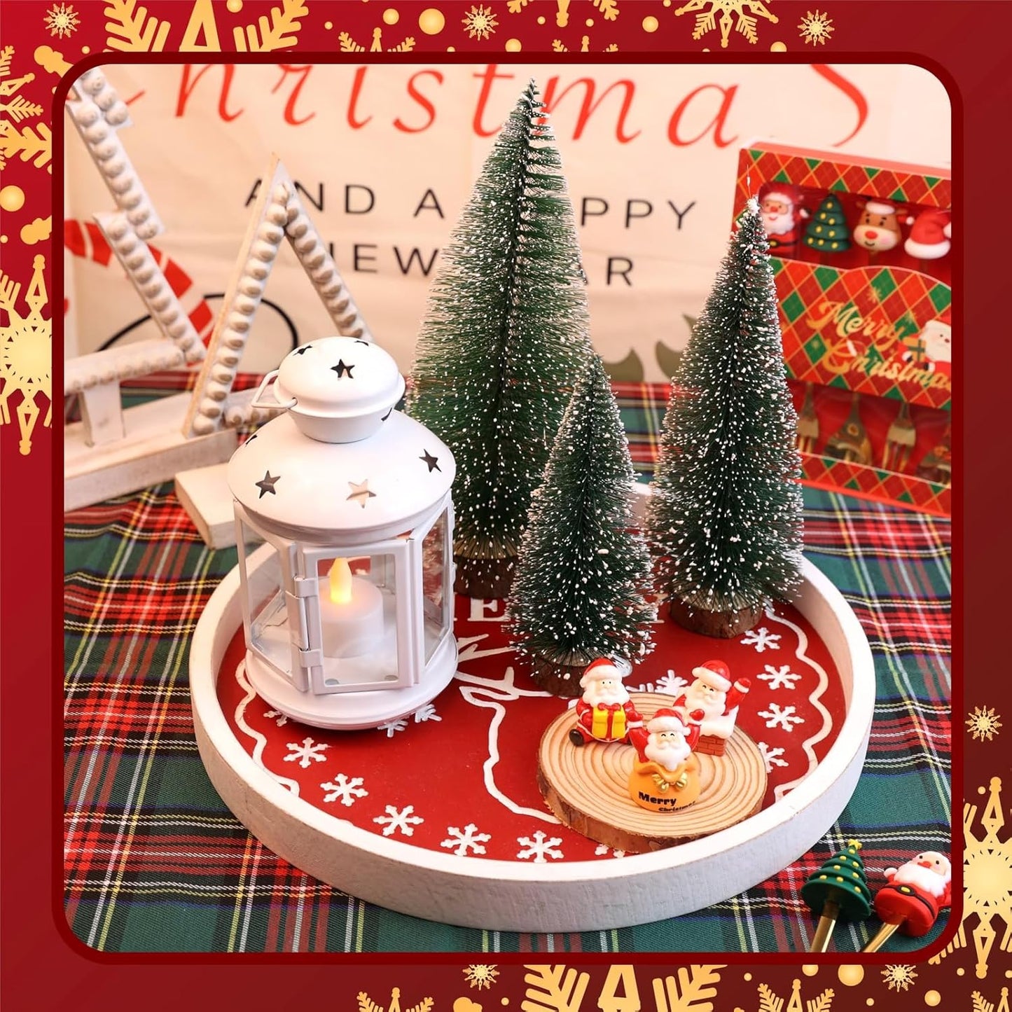 Christmas Reindeer Wood Decorative Ottoman Tray for Coffee Table Kitchen Counter, Living Room, Round Handcrafted Red Wooden Serving Tray for Table Centerpiece