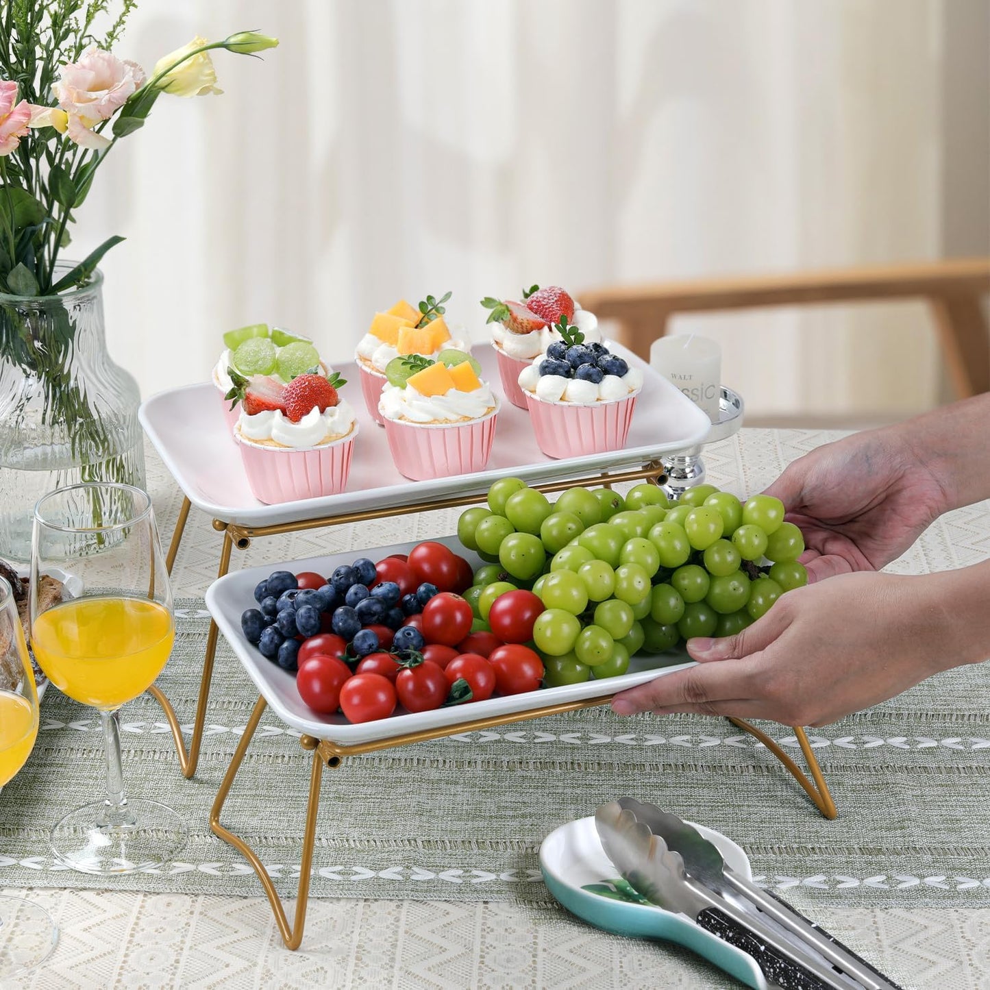 HAPPY KIT 12 Inch 2 Tier Serving Tray,Tiered Tray Stand with Freely Combinable Rack,Serving Platter for Appetizer Steak Chips Dessert, Black