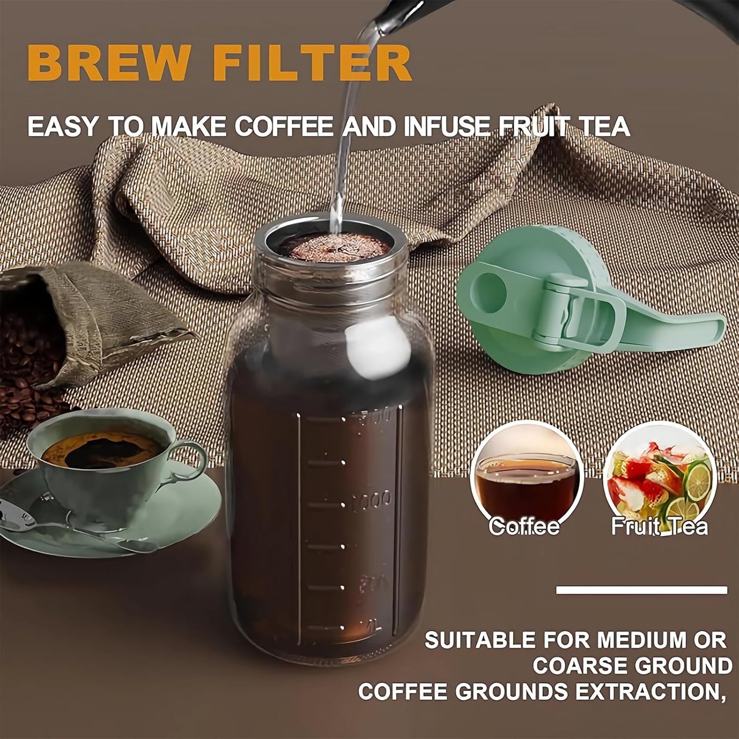 Cold Brew Coffee Maker Jar - 64oz Thick Glass Multipurpose Mason Pitcher Spout Lid with Handle & Stainless Steel Filter for Iced Coffee, Lemonade, Ice Tea, Homemade Fruit Drinks Container