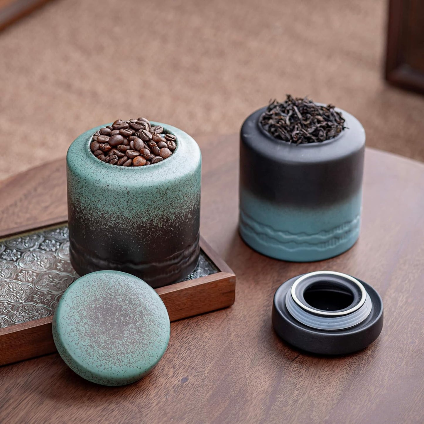 Tea Canister for Loose Tea with Airtight Lid, Kitchen Storage Containers, Ceramic Food Storage Jar, Ceramic Coffee Canister (Black)