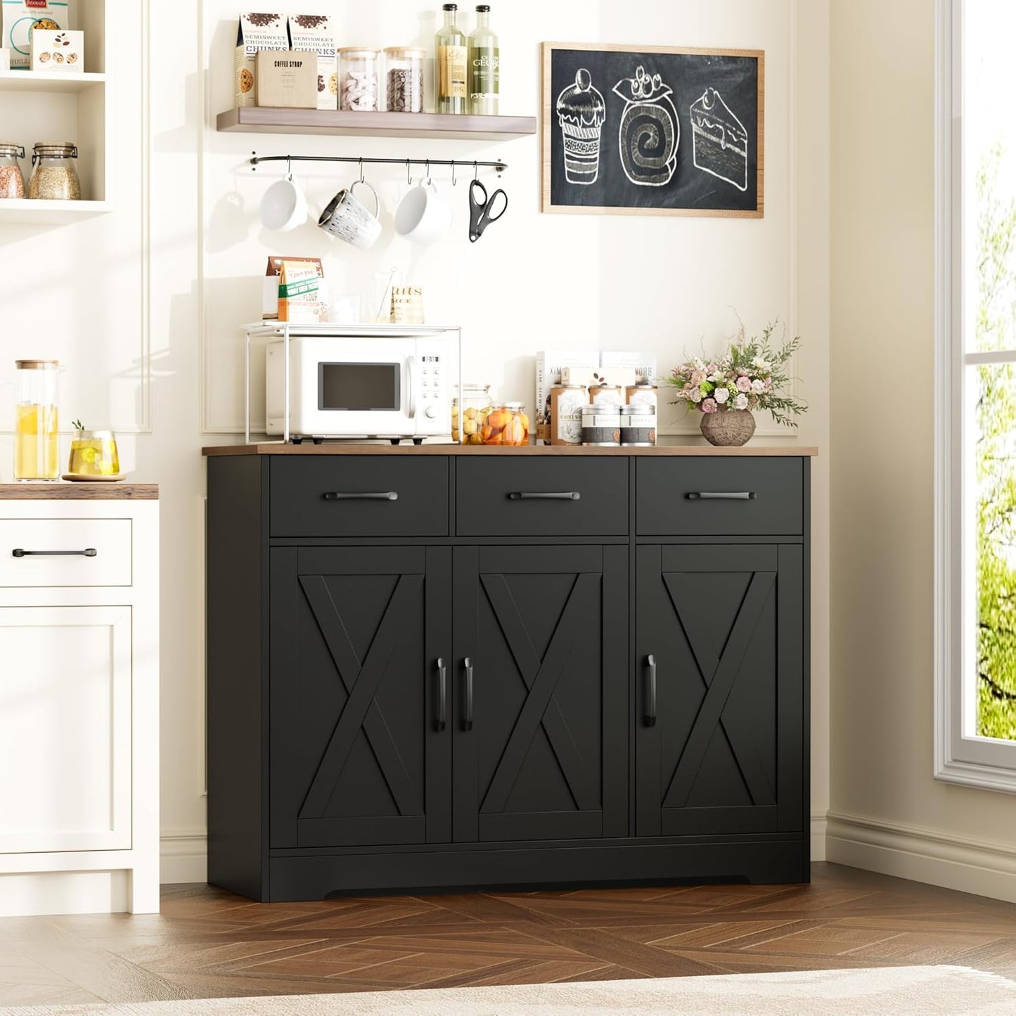 HOSTACK Modern Farmhouse Buffet Sideboard Cabinet, Barn Doors Storage Cabinet with Drawers and Shelves, Wood Coffee Bar with Storage for Dining Room, Kitchen, Living Room, Black/Rustic Brown