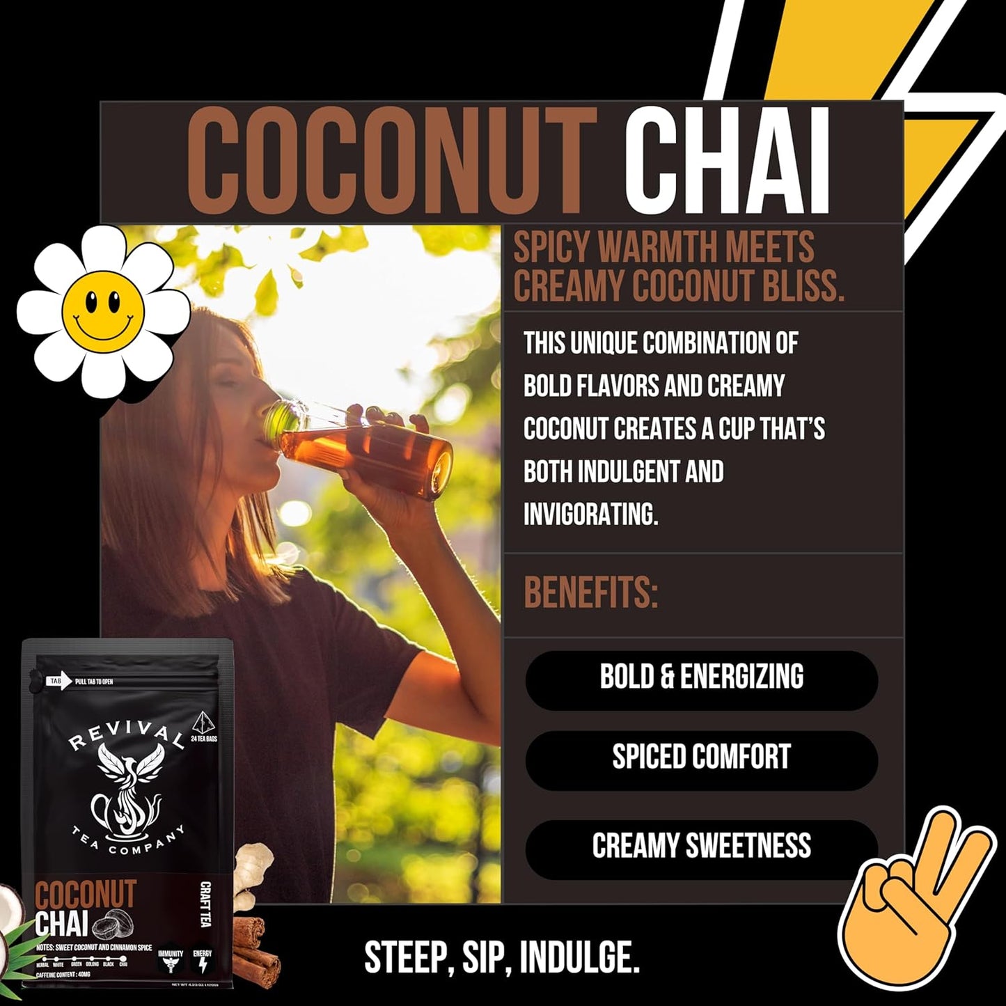 Revival Tea Company Coconut Chai Tea - Black Tea Blend with Fresh Spiced Chai and Coconut Flavor - Loose Leaf 8 Ounces