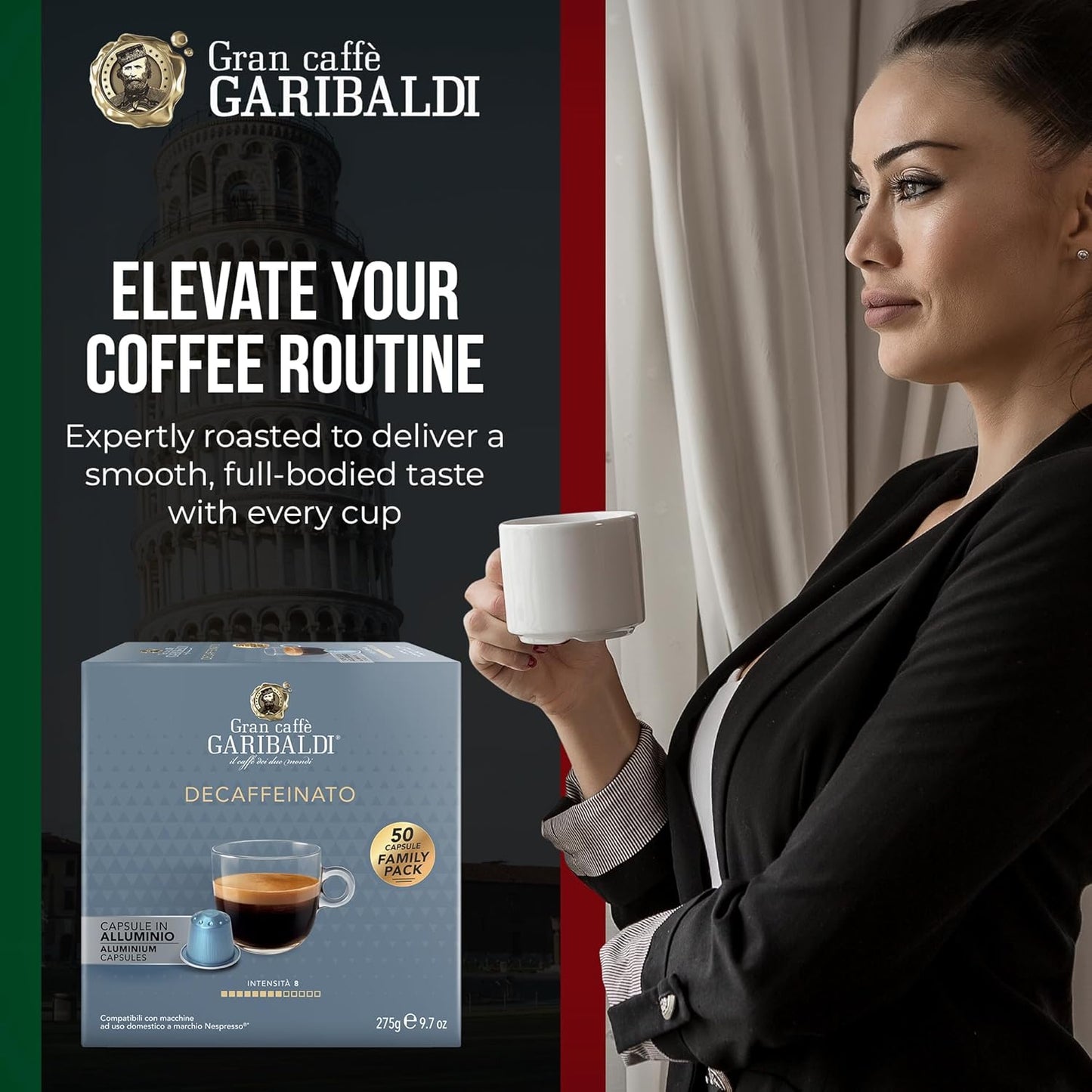 Gran Caffè Garibaldi Decaffeinated Espresso Pods, Italian Roasted Coffee, Decaf Capsules Compatible with Nespresso Original Line Machines, Nitrogen Flushed Intense & Rich Aroma - Decaffeinato (Aluminum) 200 Cups