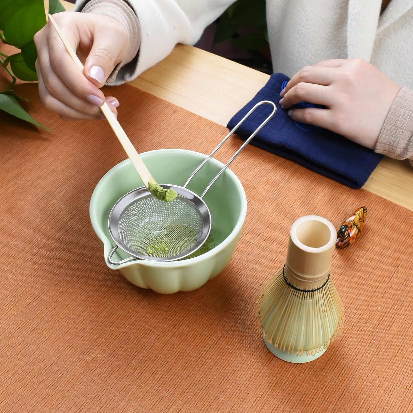Artcome 7 Pcs Japanese Matcha Tea Set - Matcha Bowl with Pouring Spout, Matcha Whisk, Tea Scoop, Whisk Holder, Handmade Matcha Ceremony Kit For Japanese Tea Ceremony, Green