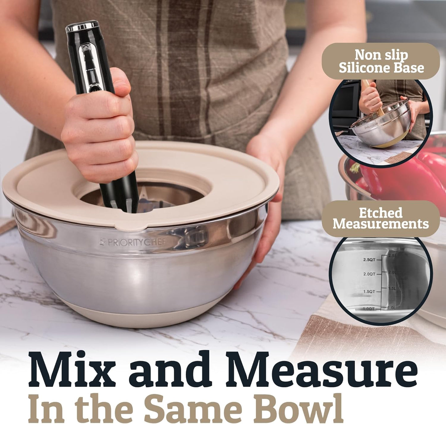 Priority Chef Stainless Steel Mixing Bowls with Lids Set - Premium 30Pcs with 6pc Metal Bowl Set for Kitchen, 3 Graters, Airtight Lids, Non-Slip Bases & Silicone Utensils, Khaki