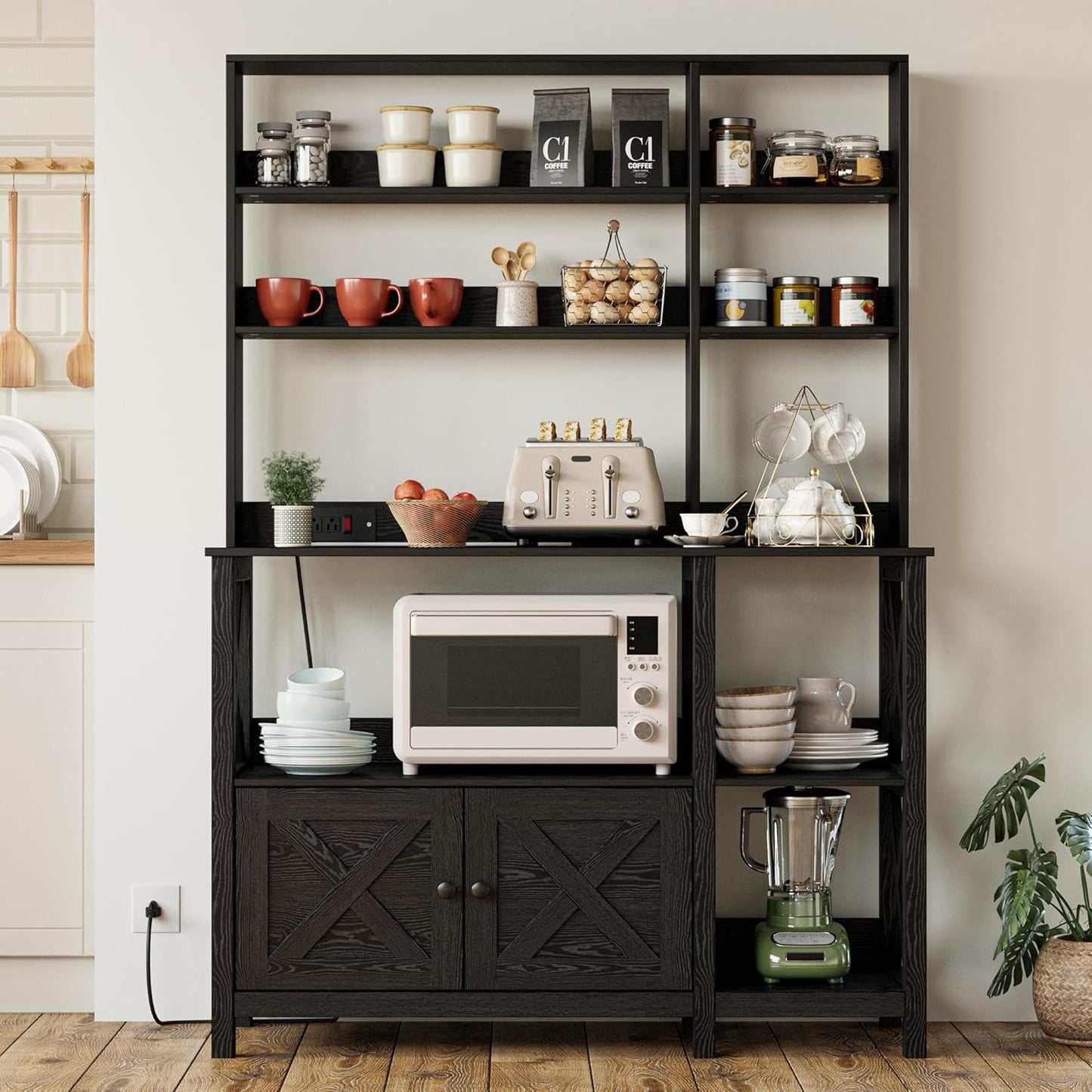 IRONCK Bakers Rack with Power Outlet, 45in Wide Coffee Bar Cabinet with Storage, 6-Tier Kitchen Storage with Doors, Microwave Stand for Kitchen, Dining Room