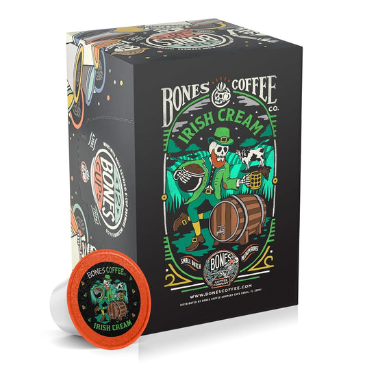 Bones Coffee Company Flavored Coffee Bones Cups Irish Cream Flavored Pods | 12ct Single-Serve Coffee Pods Compatible with Keurig 1.0 & 2.0 Keurig Coffee Maker