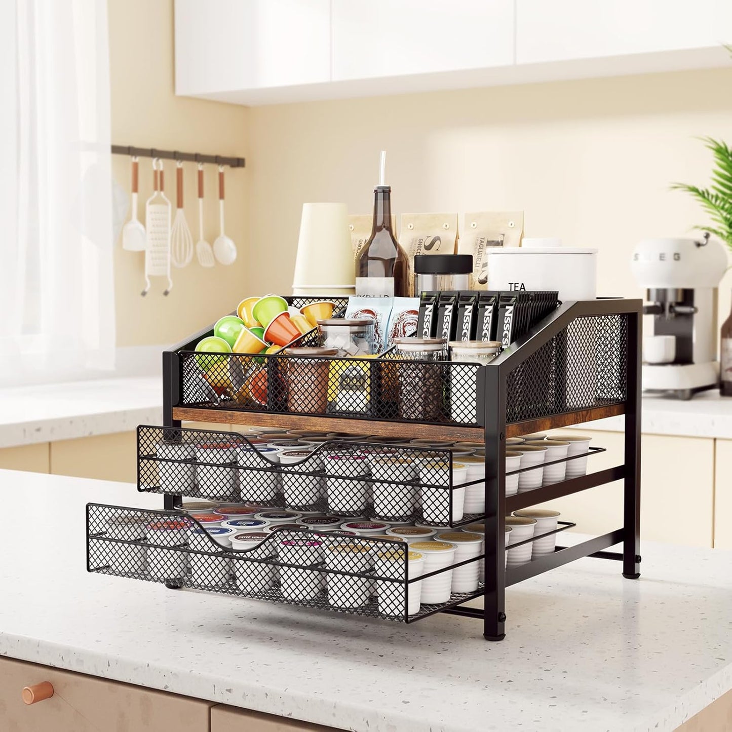 Coffee Bar Organizer - Coffee Station for Countertop, Metal and Wood K Cup holder Storage Basket for Coffee Pods, Syrup, Cups, Stirrer, Coffee Condiment, Tea Organizer, Black and Brown