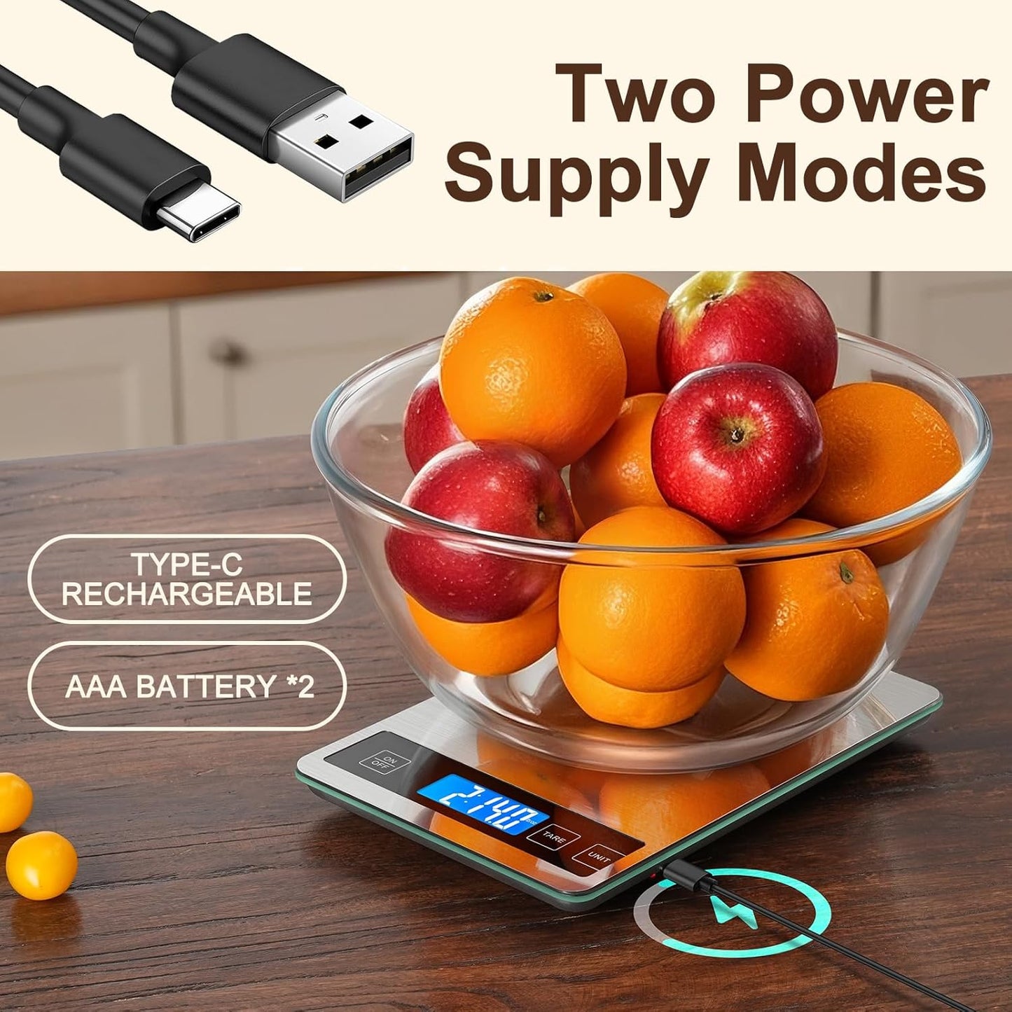 Food Scale, 33lb Digital Kitchen Scale with Stainless Steel & Tempered Glass, USB Rechargeable, 1g / 0.05oz Precise Graduation, Waterproof and Sturdy Surface, for Cooking, Baking, Weight Loss