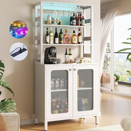 Aheaplus Bar Cabinet with Power Outlets, 67" Tall Wine Bar Cabinet Liquor Cabinet with LED Lights and Glass Holder, Coffee Bar Station for Living Room, Microwave Stand Bakers Rack Cabinet, White