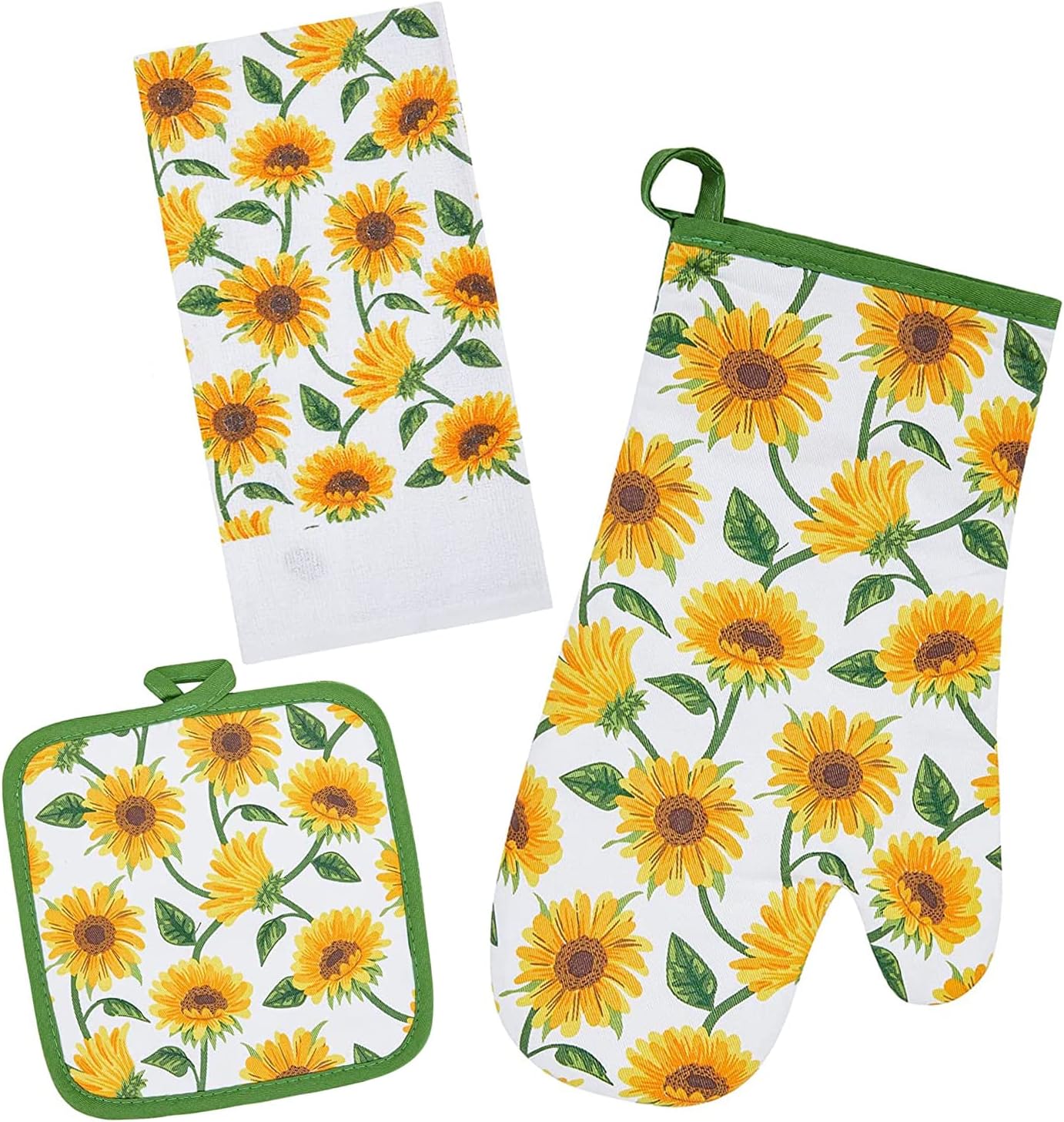 Oven Mitts and Potholders Dish Towles Set 100% Cotton for Perfect for Gifting, Baking, and Everyday Cooking Durable Heat Resistant for Kitchen and Machine Washable (3-Piece Sunflower)