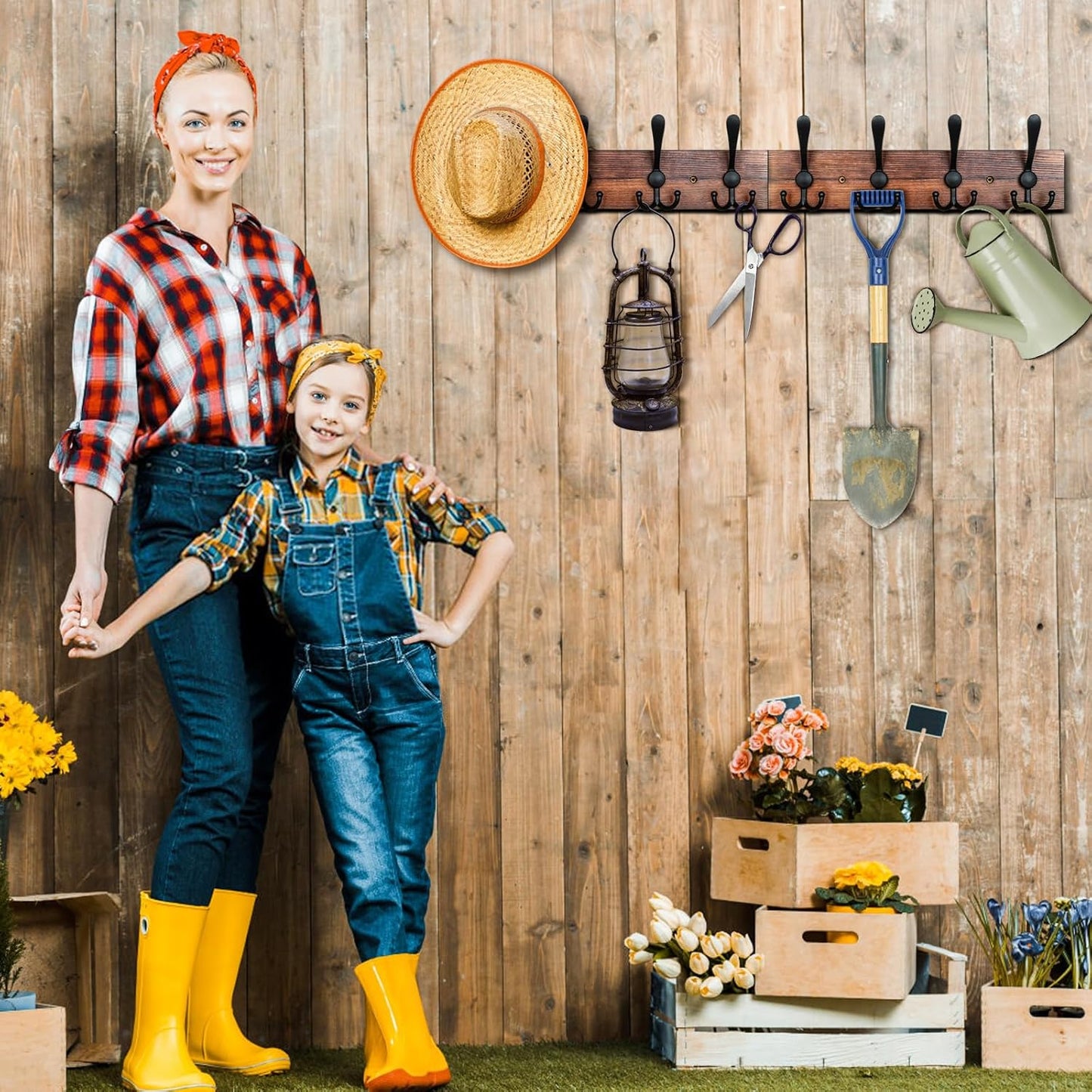 IBosins Wall Mounted Coat Rack, 31-2/5'' Long, Entryway Hanging Rack, Metal Wood Coat Hooks Rack with 8 Black Rustic Tri-Hooks Rail for Coat, Bag, Towel, Key, Hat, Umbrella