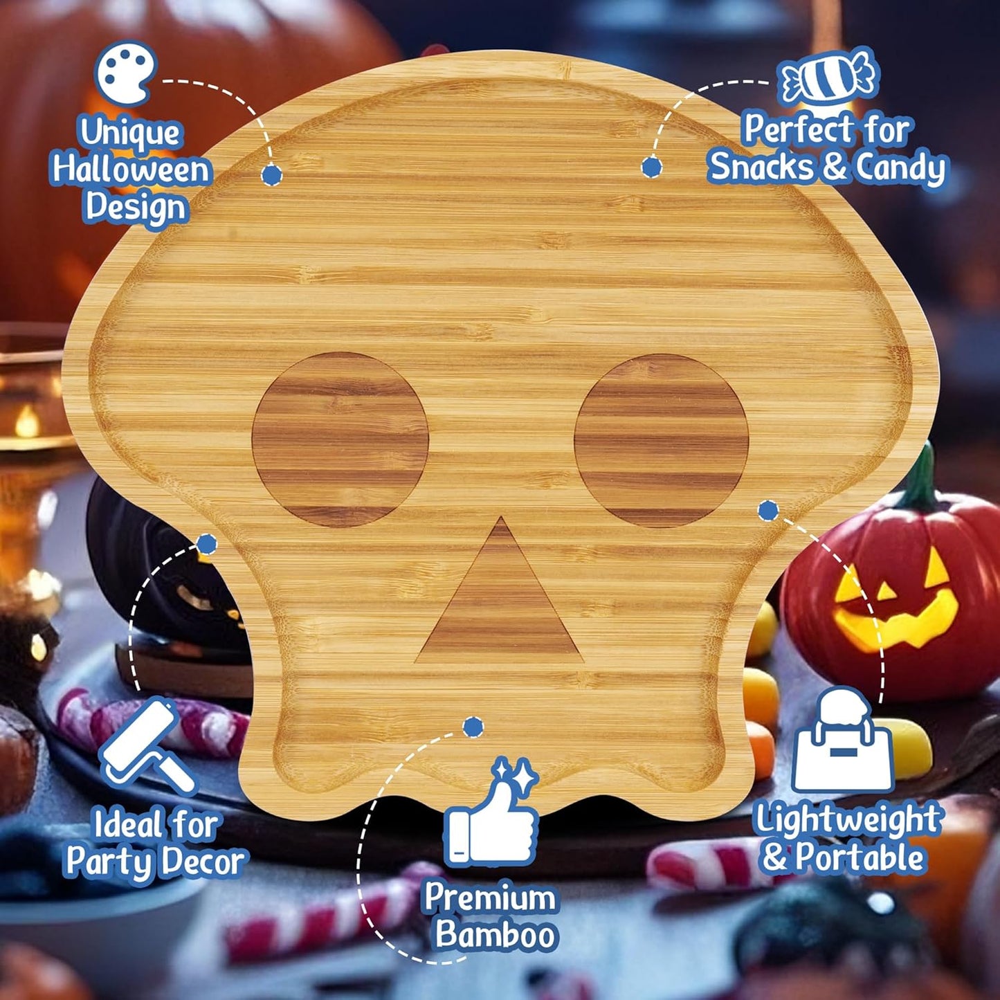 TJ POP Halloween Skull Serving Platter - 10” x 9” Skull Shaped Bamboo Serving Tray, Cute Wooden Charcuterie Board, Spooky Halloween Snack Dessert Candy Dish Plate for Party, Kitchen, Dining Decor