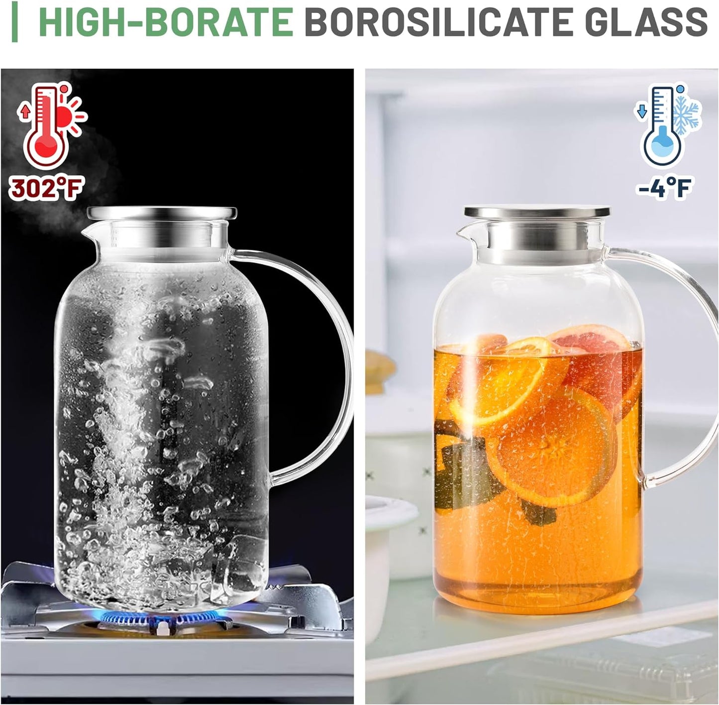 SUSTEAS 2.2 Liter 75oz Glass Pitcher with Lid, Easy Clean Heat Resistant Glass Water Carafe with Handle for Hot/Cold Beverages - Water, Cold Brew, Iced Tea & Juice, 1 Long-Handled Brush Included