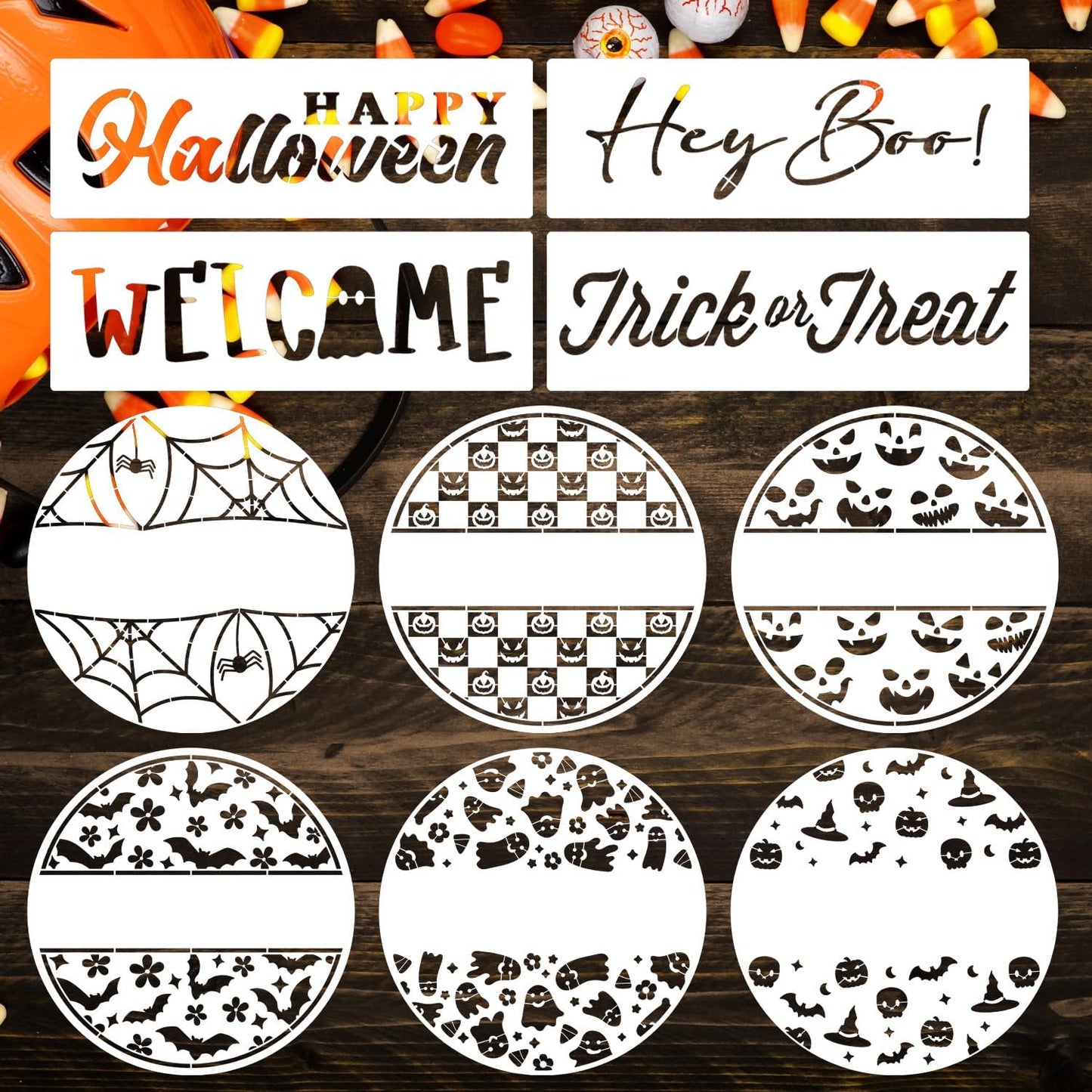 Halloween Stencils for Painting 12inch Large Reusable Halloween Stencil for Door Hanger Round Skeleton Ghost Boo Templates for Wood Walls Windows Door Mat Fabric