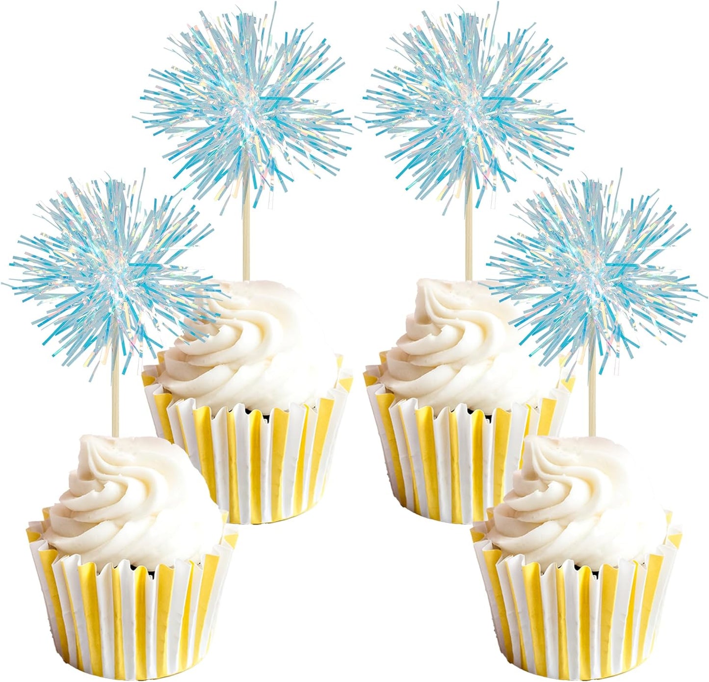 Gyufise 30Pcs Foil Firework Cupcake Toppers Sparkle Tinsel Cake Toppers Tinsel Drink Cake Decoration Cocktail Picks for Birthday Wedding Graduation Party Supplies Laser Blue