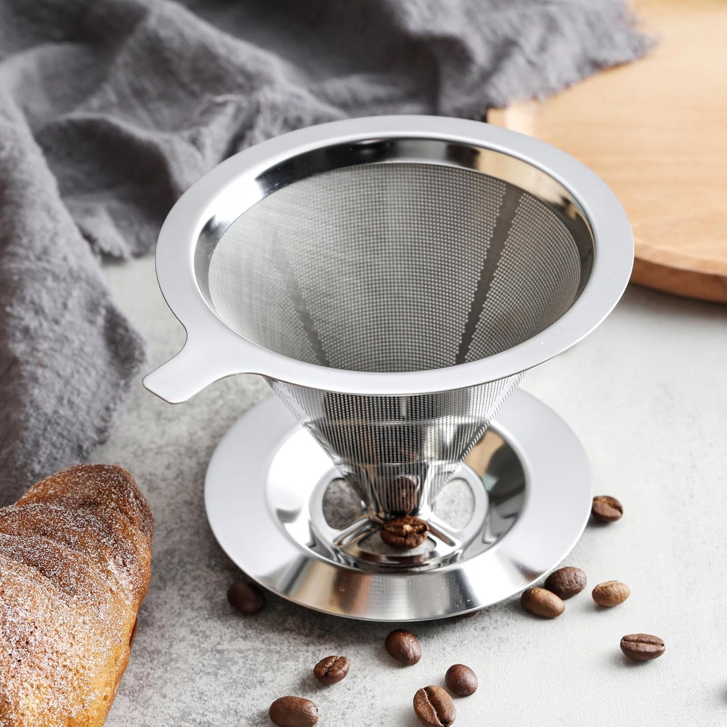 Pour Over Coffee Dripper Stainless Steel Coffee Filter Cone Coffee Filters Double Mesh Design Reusable