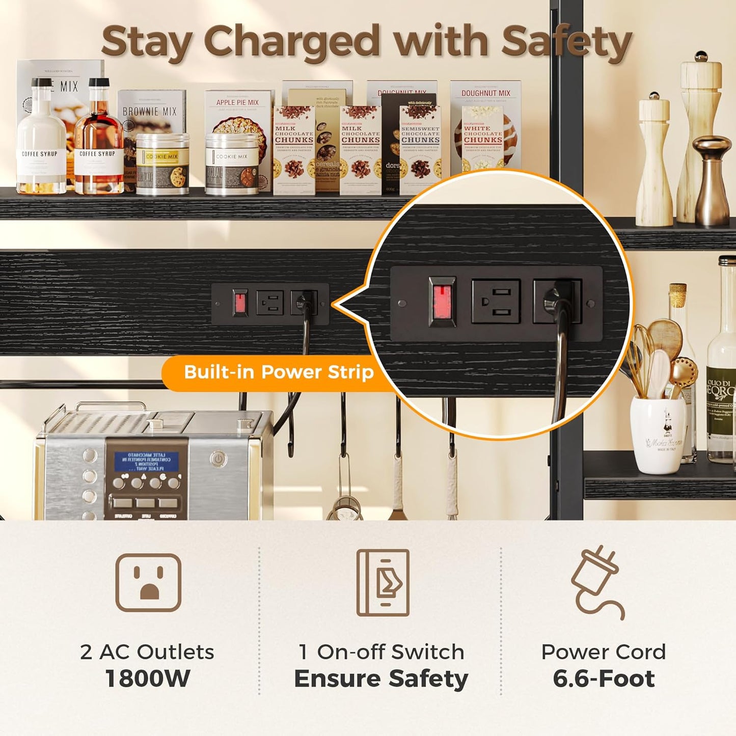 SUPERJARE Large Bakers Rack with Power Outlets, 6-Tier Microwave Stand, Coffee Bar with 12 S-Shaped Hooks, Kitchen Shelf with Wire Basket, 39.3 x 15.5 x 66.9 Inches, Black