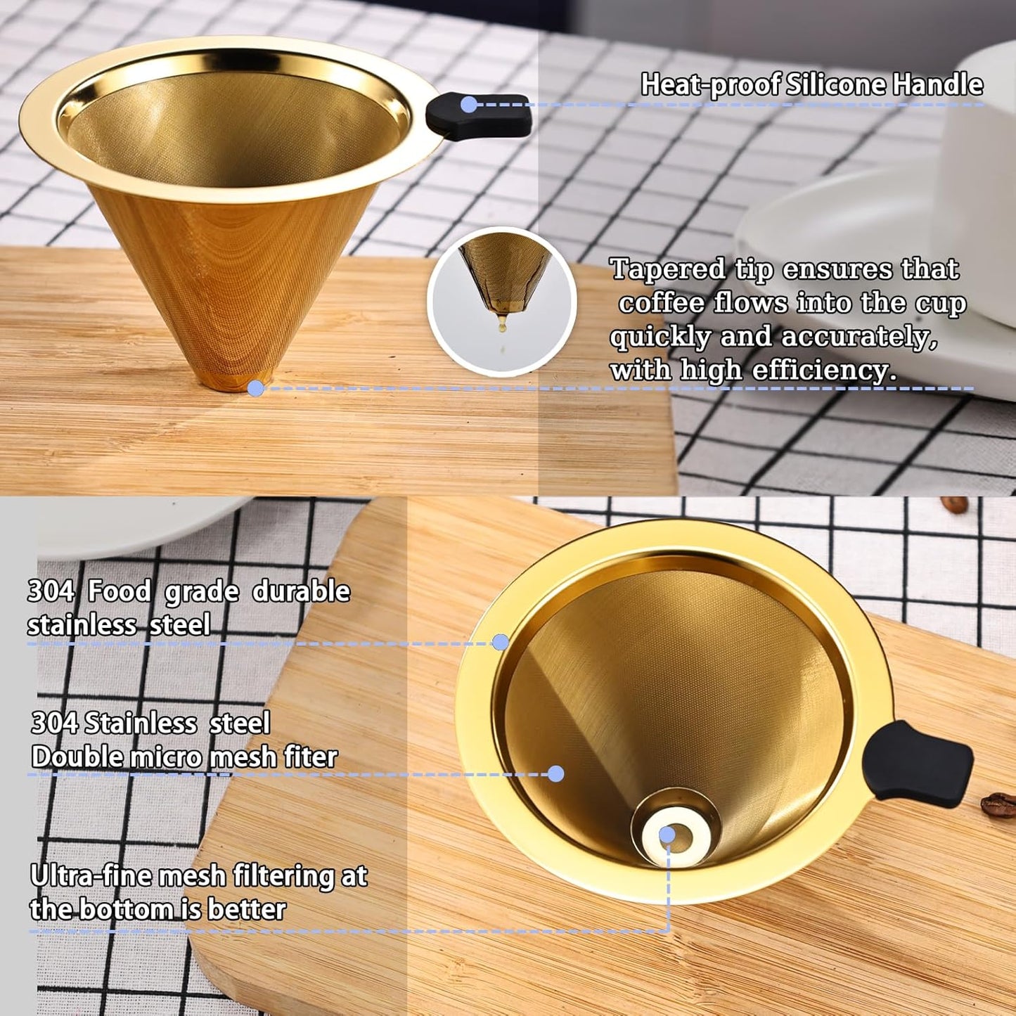 Small Size Pour Over Coffee Filter Dripper, Stainless Steel Metal Cone Drip Coffee Filter, Paperless and Permanently Reusable, Double Mesh Coffee,Tea Filter for 1-2 Cups