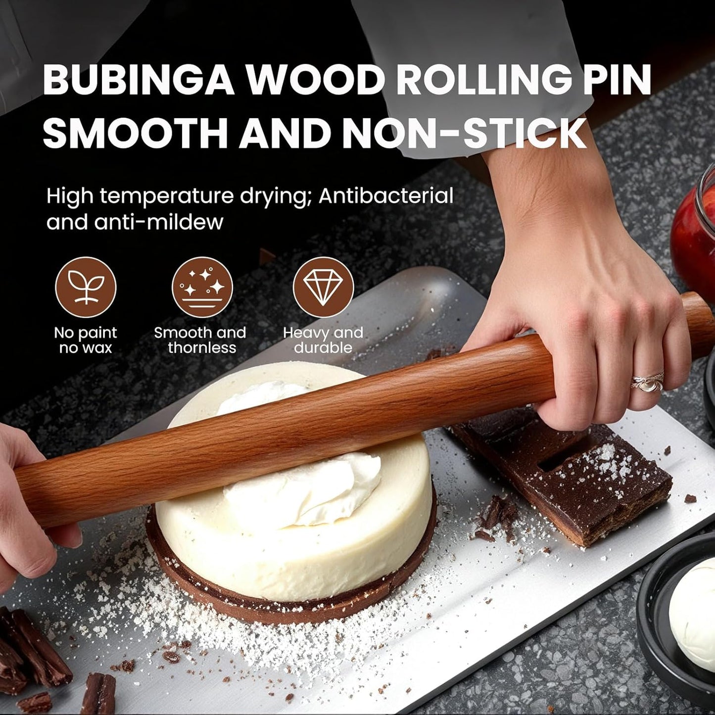 Natural High-Density Solid Bubinga Wood French Rolling Pin | 50% Heavier than Sapele pins | Less Effort | Perfect for Pies, Pastry & Cookies | Protective Fabric Sleeve - Ideal Baking Gift.