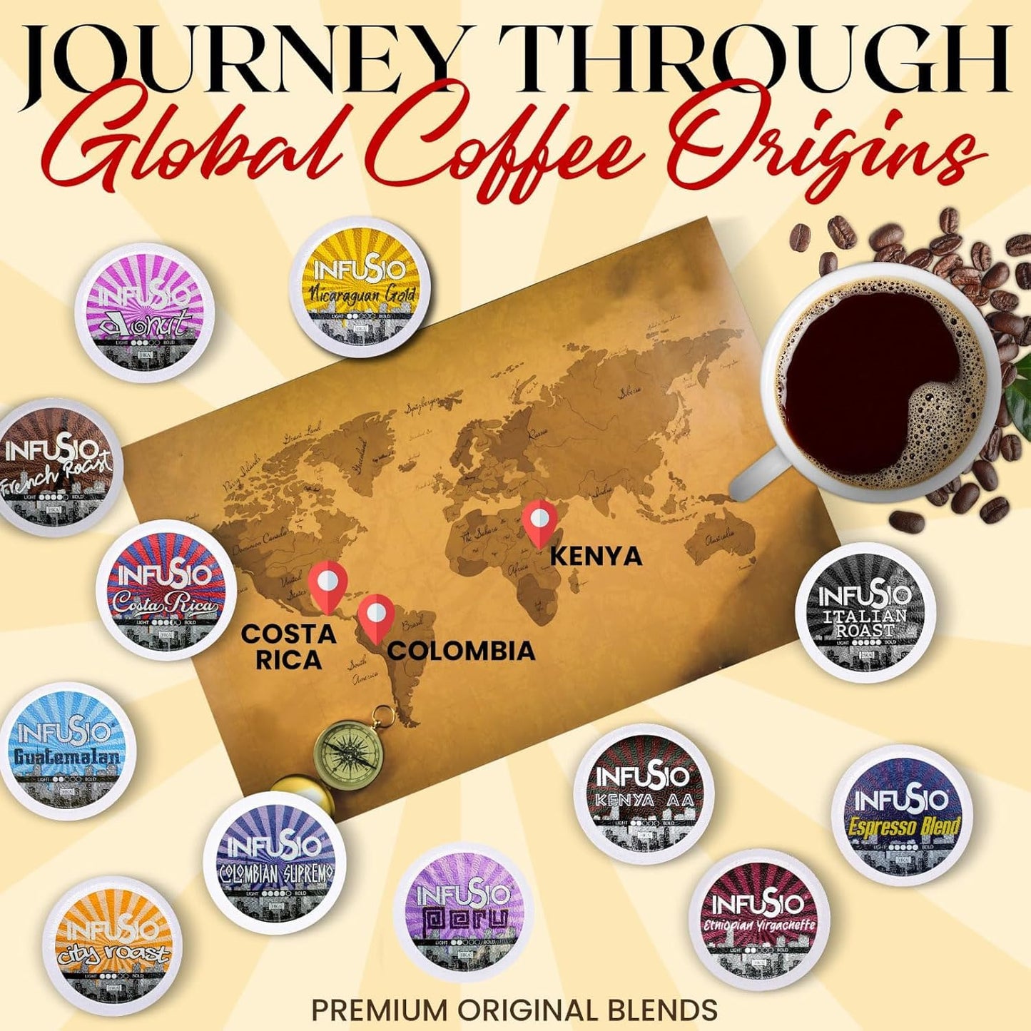 InfuSio Coffee Pods Variety Pack – 48 Count, 12 Sophisticated Medium & Dark Roast Blends, Crafted Blends Collection – Premium Single-Serve Coffee, Compatible with Keurig K-Cup 2.0