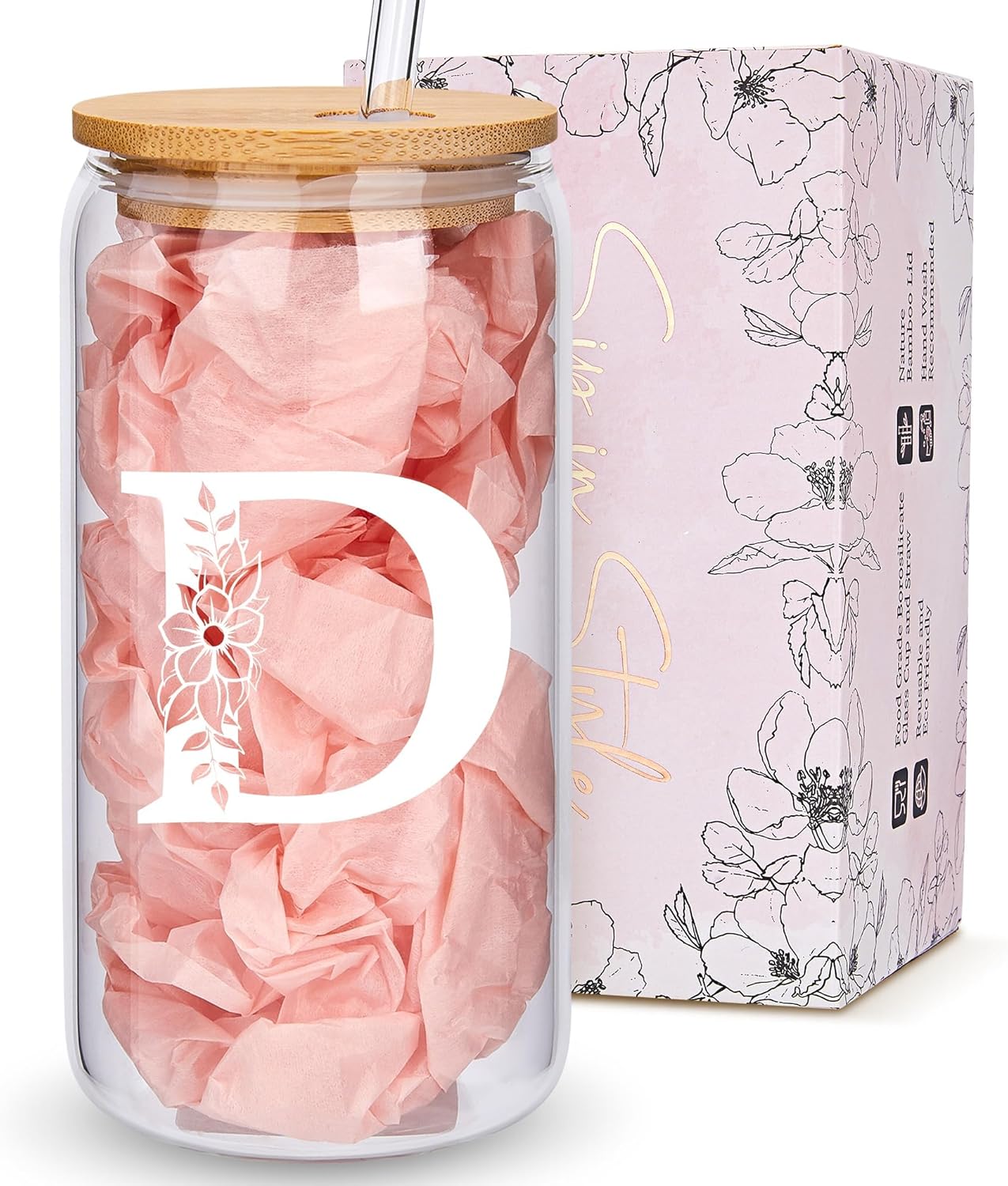 Personalized Gifts for Women, Monogrammed Glass Cups with Lids and Straws, Custom Tumbler, Cute Customized Mug, Aesthetic Stuff, Initial Iced Coffee Cup, Drinking Glasses, Birthday Teacher Gifts, D