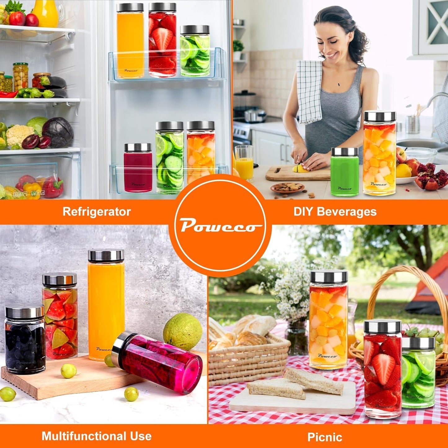 10oz Glass Juice & Water Bottles 4-Pack with Lids- Wide Mouth Reusable Borosilicate Glass- for Juicing, Smoothies, Protein Shakes, Blender & Shaker Bottle- Refillable & Dishwasher Safe(10 oz/300ml)