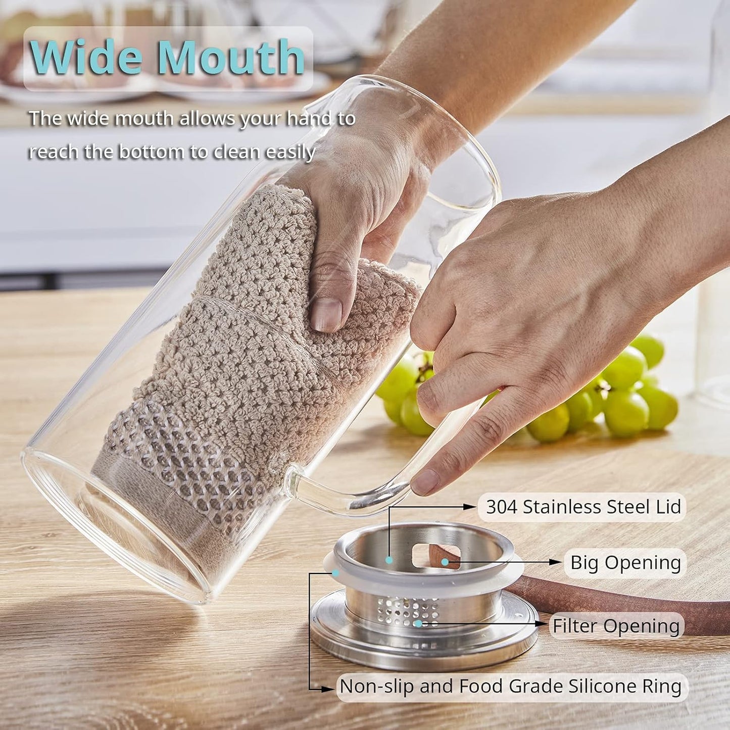 2 Pack 1.2 Liter 40 oz Small Glass Pitcher with Lid and Spout, Glass Carafe Water Pitcher for Hot/Cold Water, Iced Tea, Drinks, Coffee, Juice and Homemade Beverage