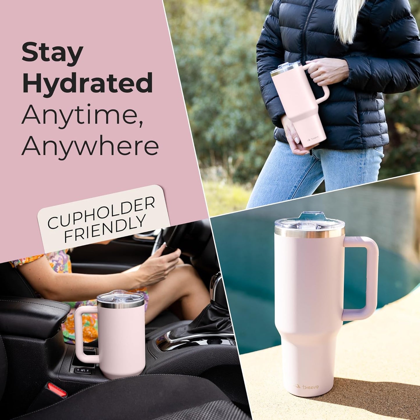 40 oz Tumbler With Handle and Straw Made of Stainless Steel - Double Wall Vacuum Insulated Tumbler With Lid - Sweat Proof Easy Grip, BPA-Free, Dishwasher Safe Tumbler (Rose Quartz)