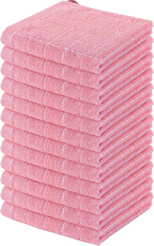 Homaxy 100% Cotton Terry Kitchen Dish Cloths, Ultra Soft and Absorbent Dish Towels for Kitchen, Suitable for Drying and Washing Dishes, 12 Pack, 12 x 12 Inches, Pink