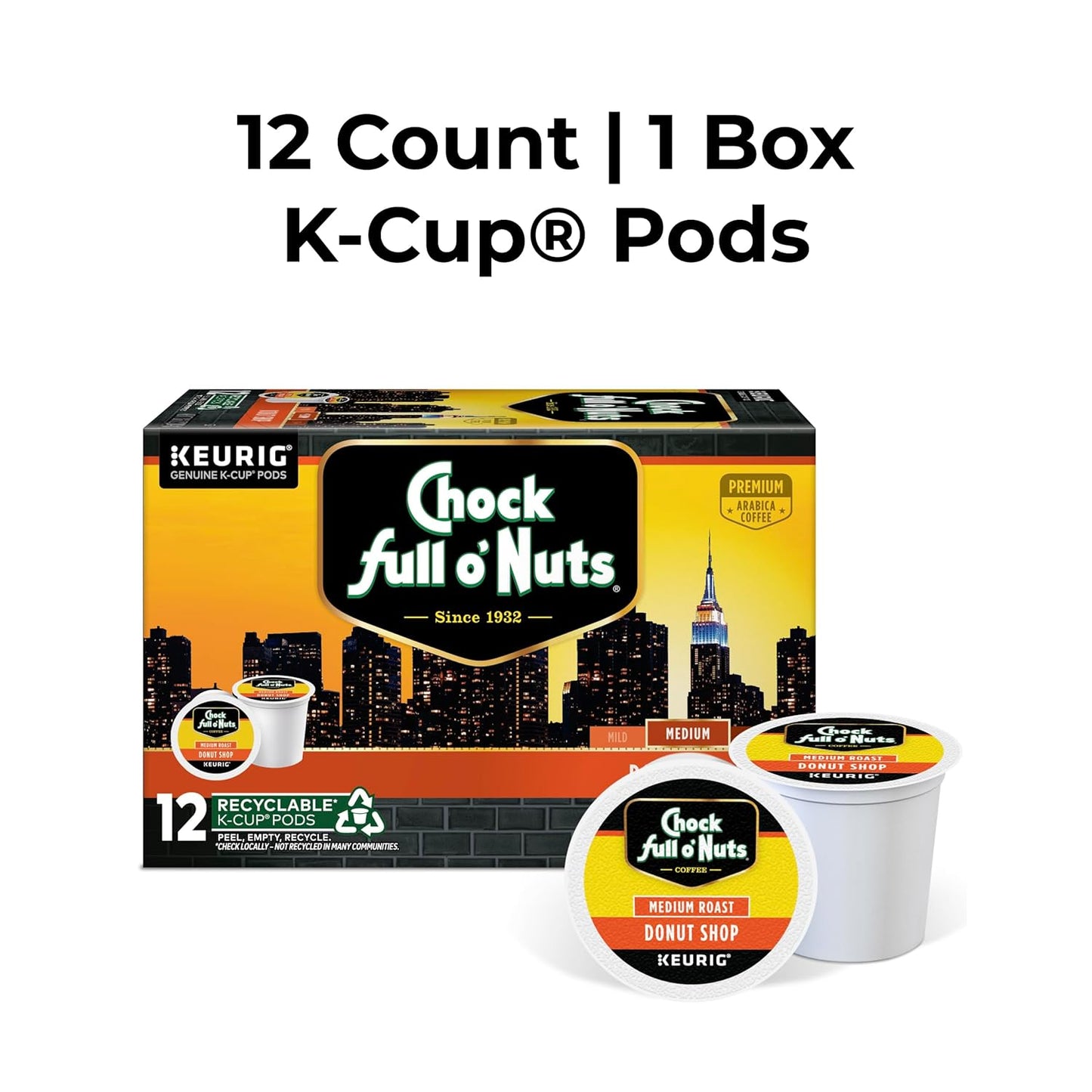 Chock full o’Nuts Donut Shop Keurig K-Cup Pods for Keurig Brewers – Premium Arabica, Medium Roast – Single Serve – 1 Pack of 12 K-Cup Pods