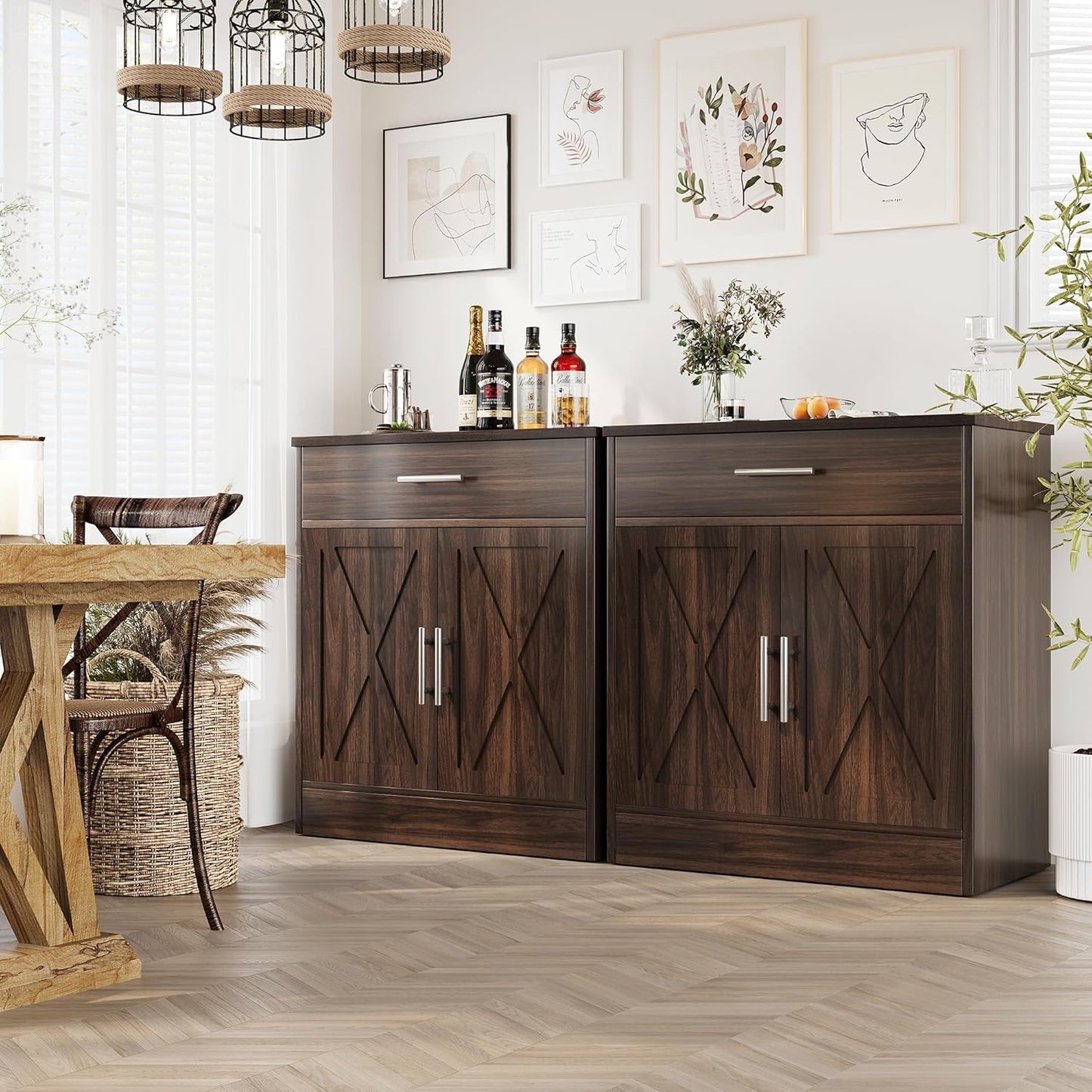 Vongrasig Sideboard Buffet Cabinet with Storage, Modern Kitchen Storage Cabinet with 1 Drawer and 2 Doors, Wood Coffee Bar Buffet Table for Kitchen, Dining Room, Rustic Brown