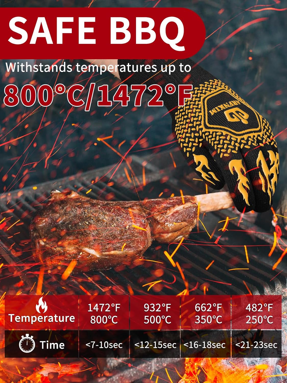 BBQ Oven Gloves, 1472℉ 3-Layers Heat Resistant Oven Mitts Silicone Non-Slip Cooking Gloves for Barbecue, Grilling, Baking, Welding, Smoker (A Pair) (Yellow)