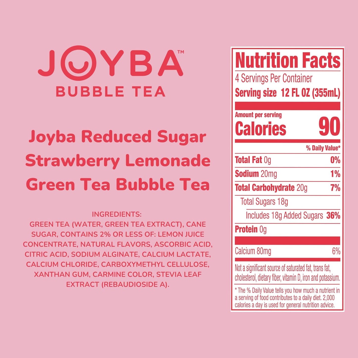 Joyba Reduced Sugar Strawberry Lemonade Flavored Green Bubble Tea, 4 Pack,12 fl oz. Cups