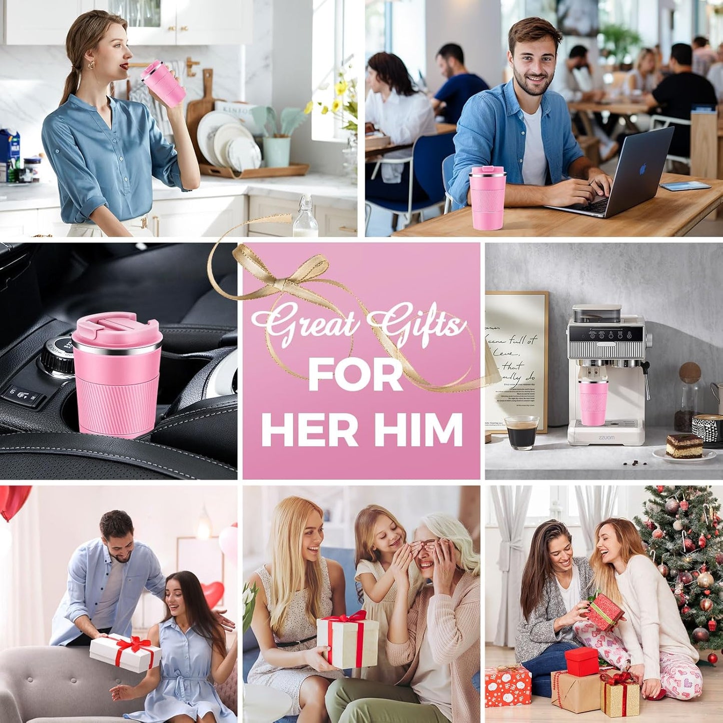 Volhoply 13 oz Stainless Steel Insulated Travel Coffee Mug with Fip Lid Bulk 4 Pack,Reusable Double Wall Vacuum Metal Coffee Cup,Portable Leak Proof Thermal Tumbler for Hot & Cold Drinks(Pink,4)