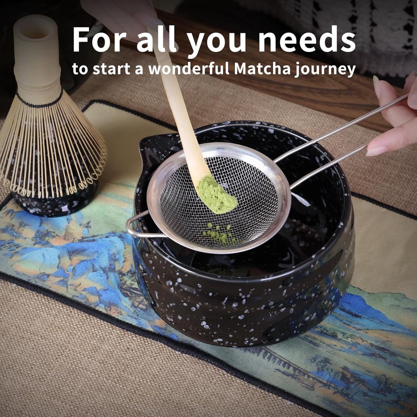 Japanese Matcha Whisk Set - 7-Piece Kit Bamboo Chasen, Ceramic Bowl with Spout, Stainless Steel Sifter & Holder Black