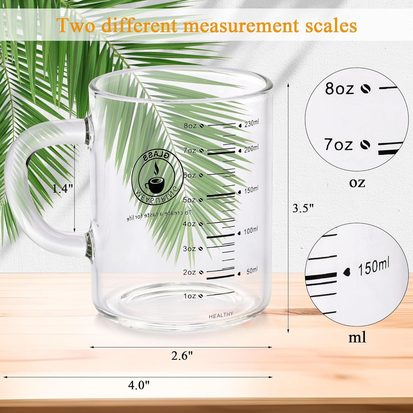 2 Piece Expresso shots cup,Glass measuring cup,8 Oz Glass Measuring Cup,Tea Glass Cups withHandles,Glass Coffee Cups for Latte(Black-2pcs)