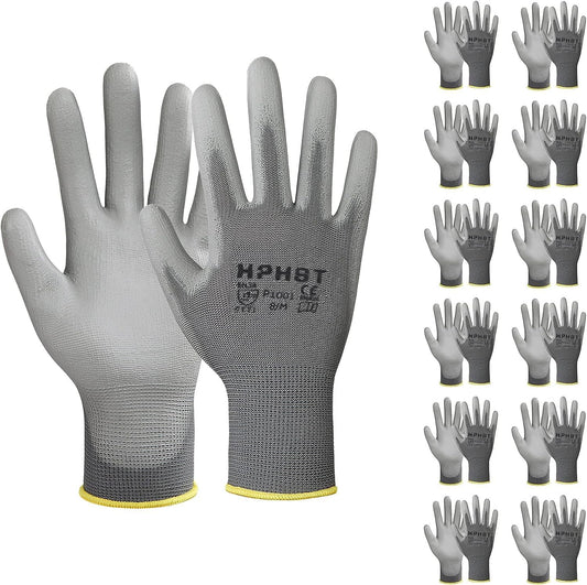 PU Coated Safety Work Gloves, 12 Pairs Work Gloves Mechanic Working Seamless Knit Glove with Polyurethane Coated Smooth